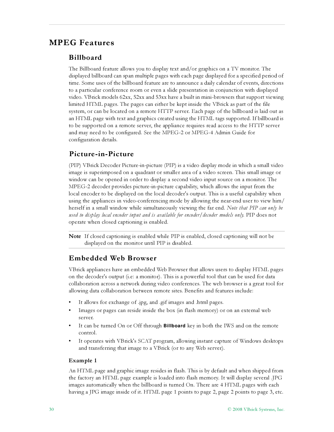 VBrick Systems VB5000, VB6000, VB4000 manual Mpeg Features, Billboard, Picture-in-Picture, Embedded Web Browser 