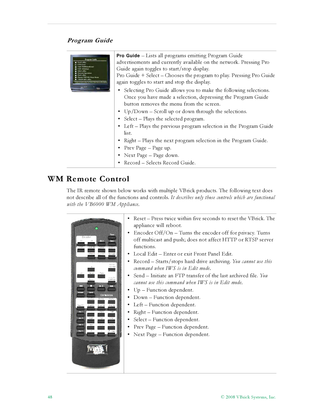 VBrick Systems VB5000, VB6000, VB4000 manual WM Remote Control, Program Guide 