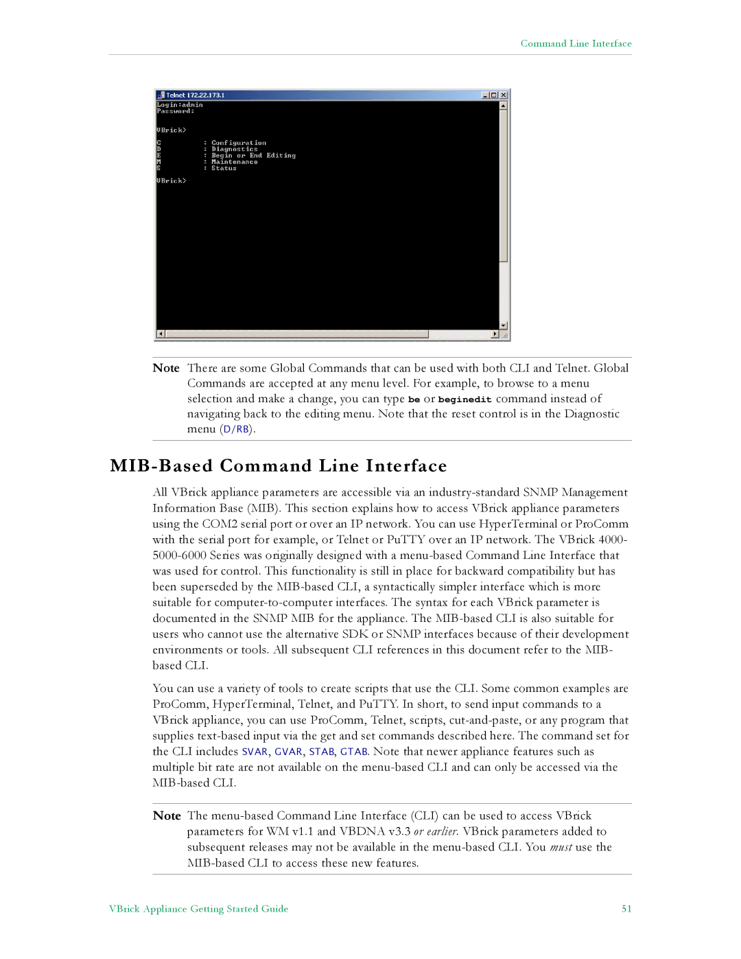 VBrick Systems VB5000, VB6000, VB4000 manual MIB-Based Command Line Interface 