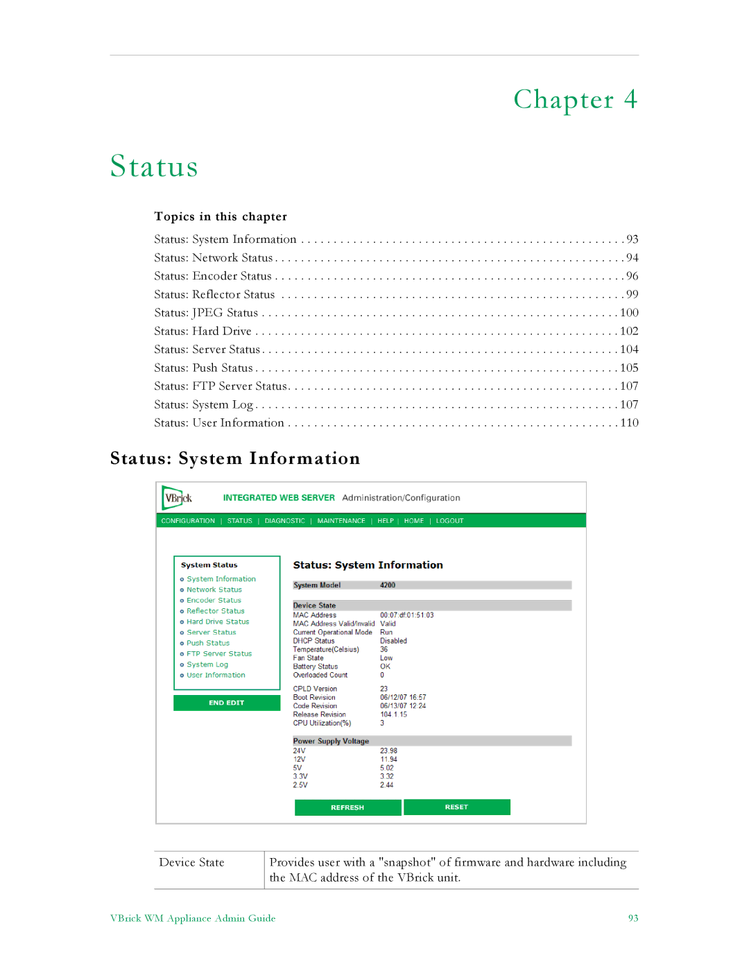 VBrick Systems VB4000, VB6000, VB5000 manual Status System Information 