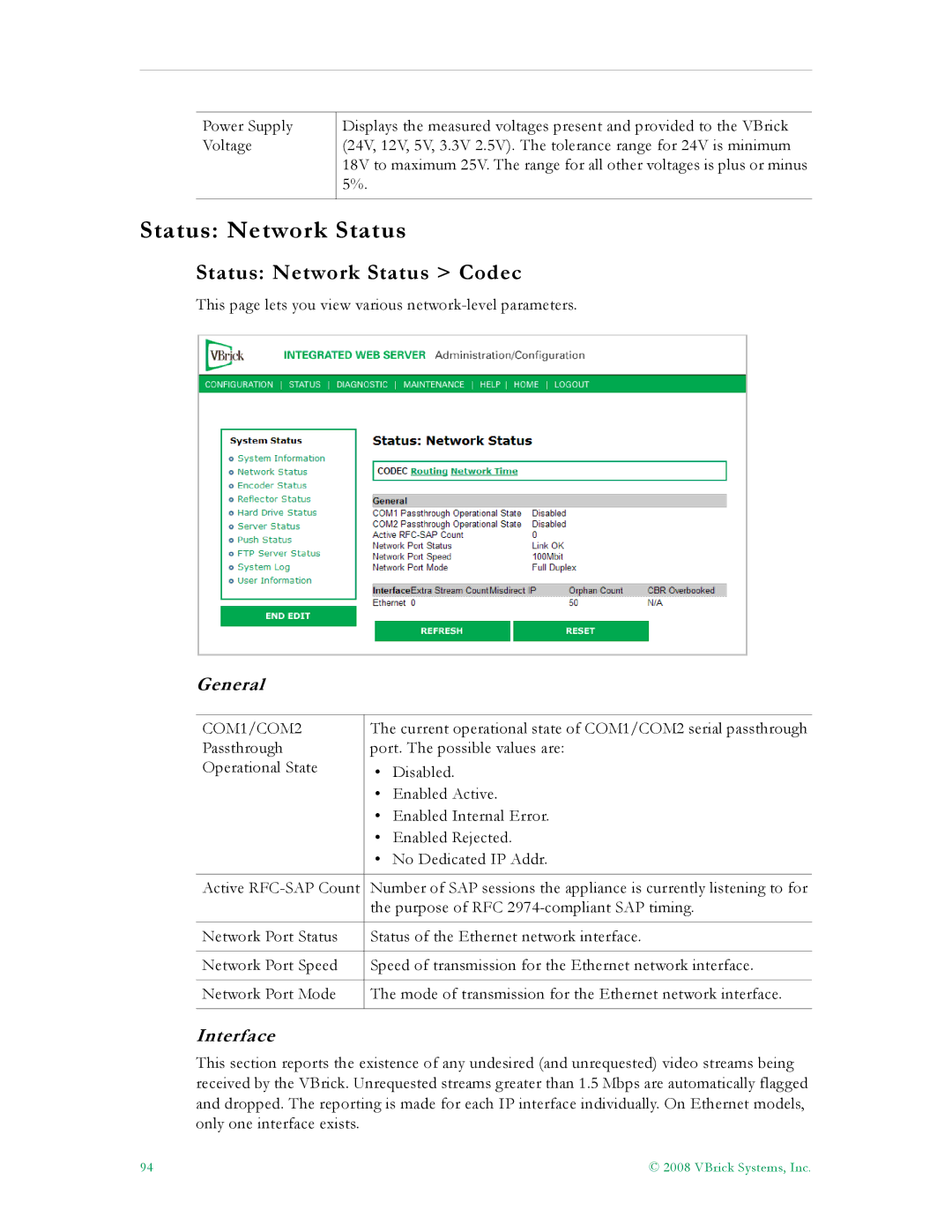 VBrick Systems VB5000, VB6000, VB4000 manual Status Network Status Codec, General, Interface, COM1/COM2 