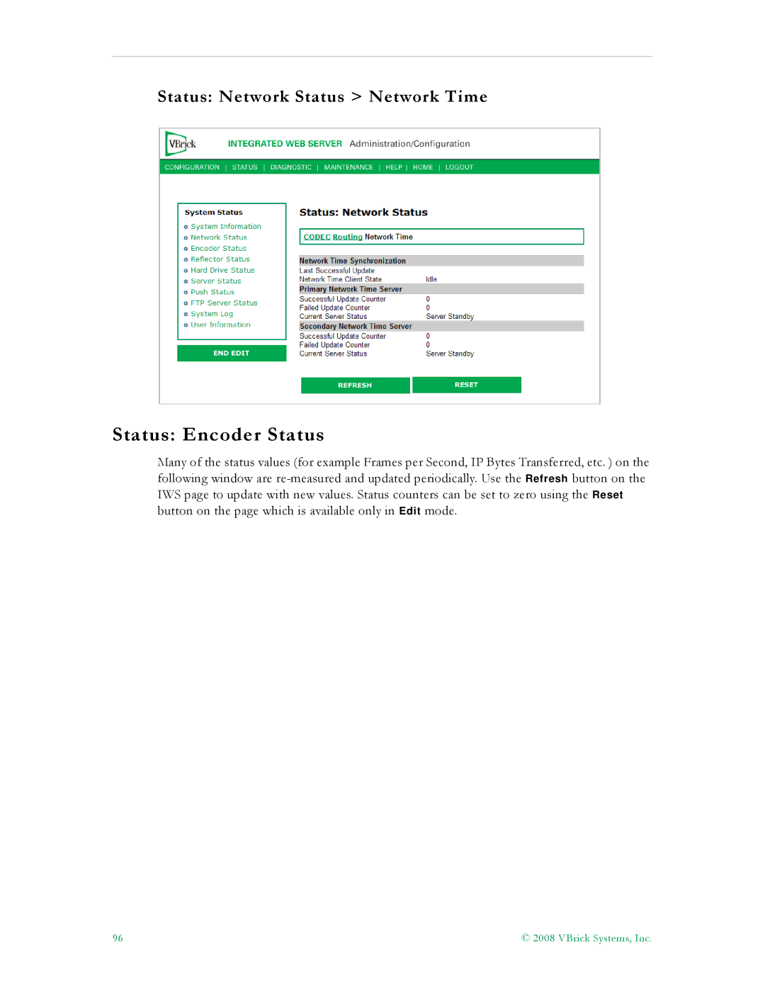 VBrick Systems VB4000, VB6000, VB5000 manual Status Encoder Status, Status Network Status Network Time 