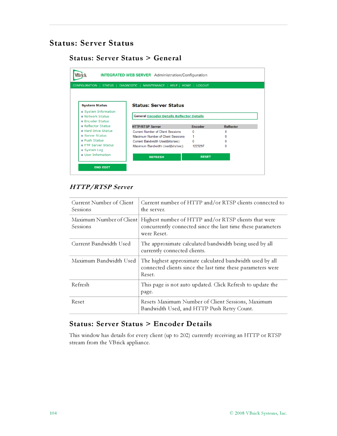 VBrick Systems VB6000, VB4000 Status Server Status General, Status Server Status Encoder Details, HTTP/RTSP Server 