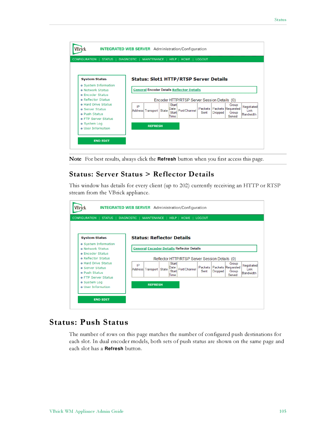 VBrick Systems VB4000, VB6000, VB5000 manual Status Push Status, Status Server Status Reflector Details 