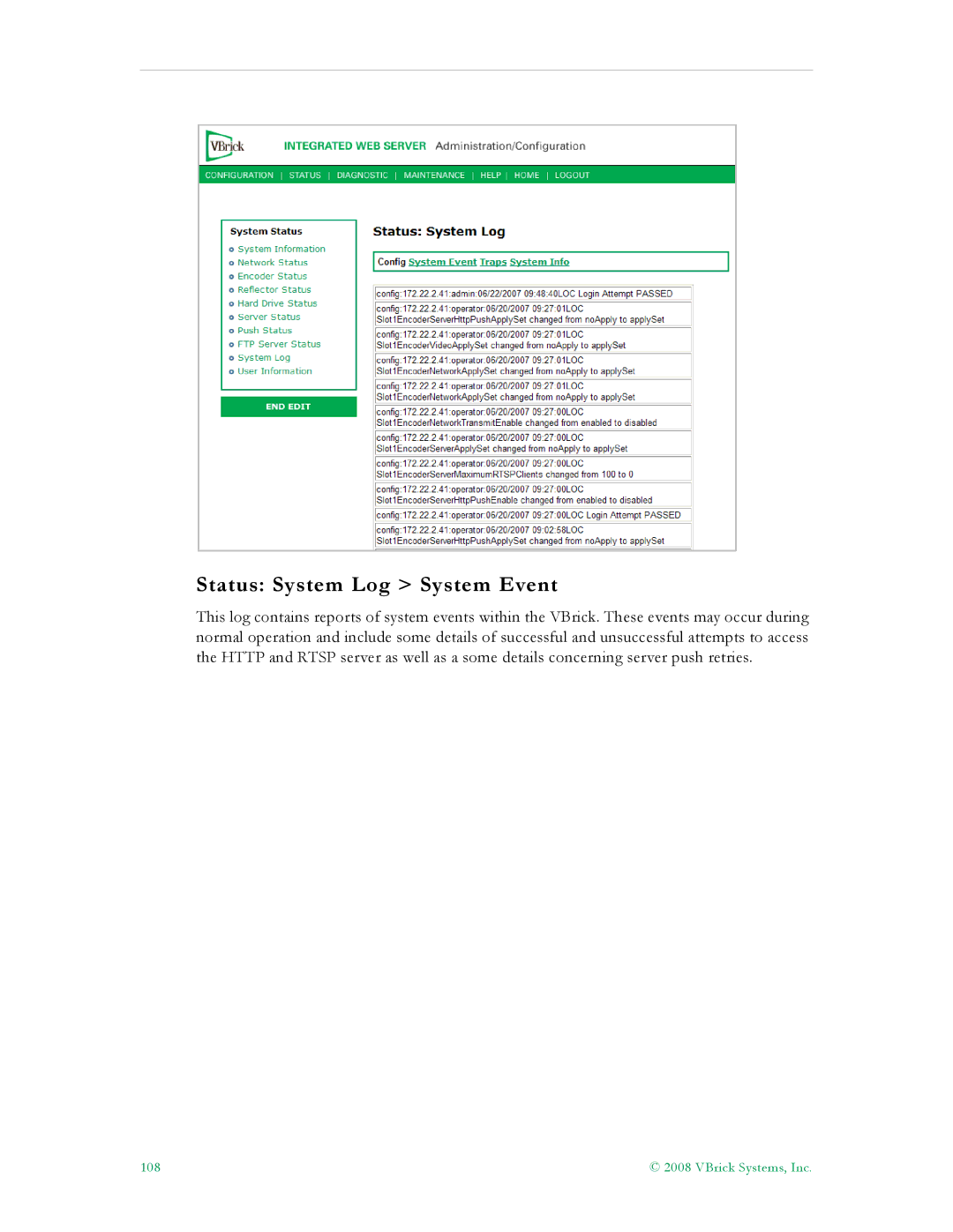 VBrick Systems VB4000, VB6000, VB5000 manual Status System Log System Event 