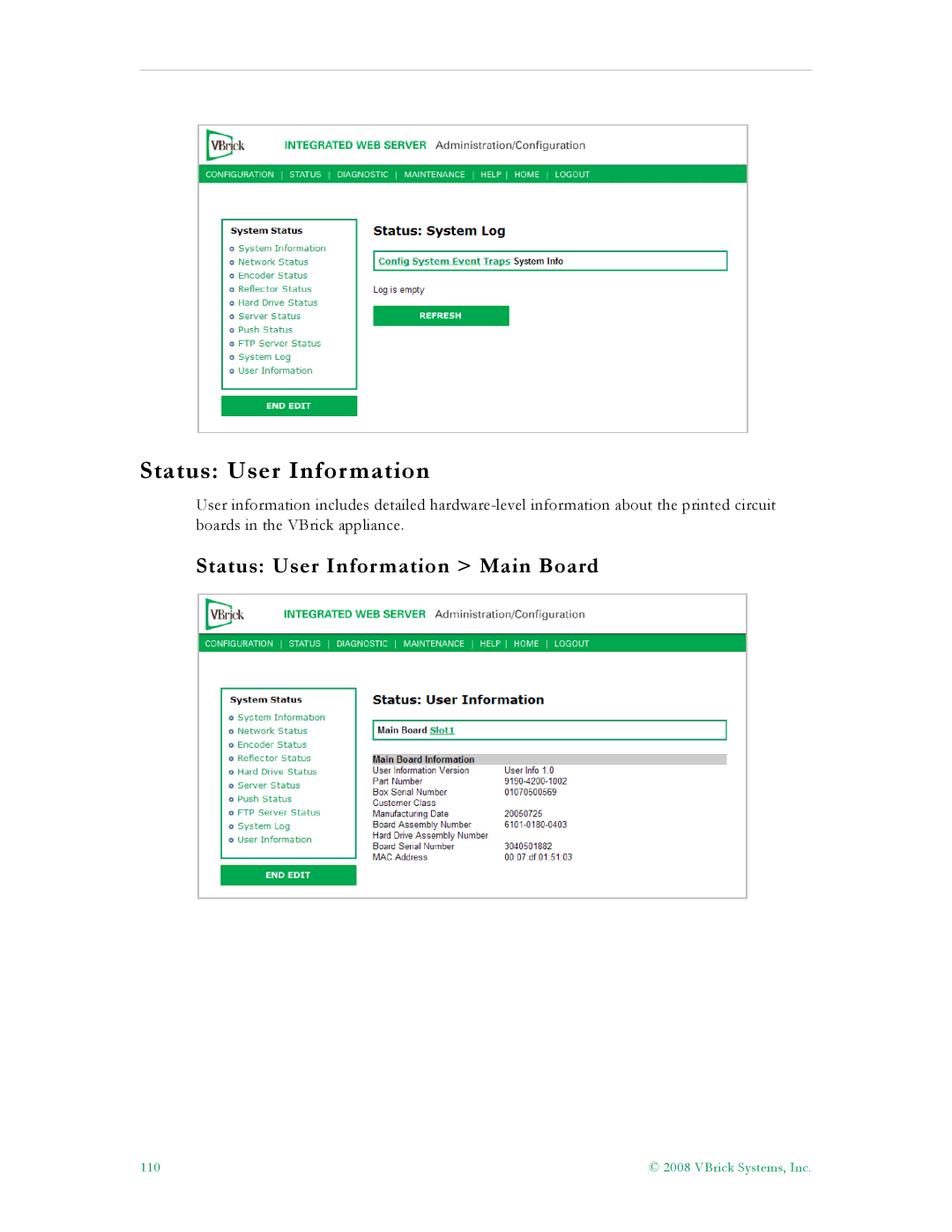 VBrick Systems VB6000, VB4000, VB5000 manual Status User Information Main Board 