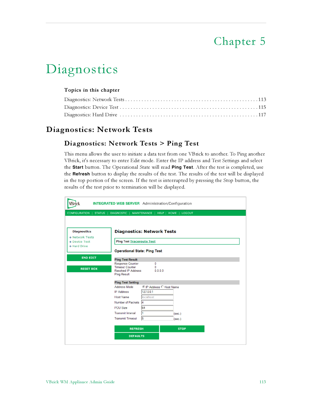 VBrick Systems VB6000, VB4000, VB5000 manual Diagnostics Network Tests Ping Test 