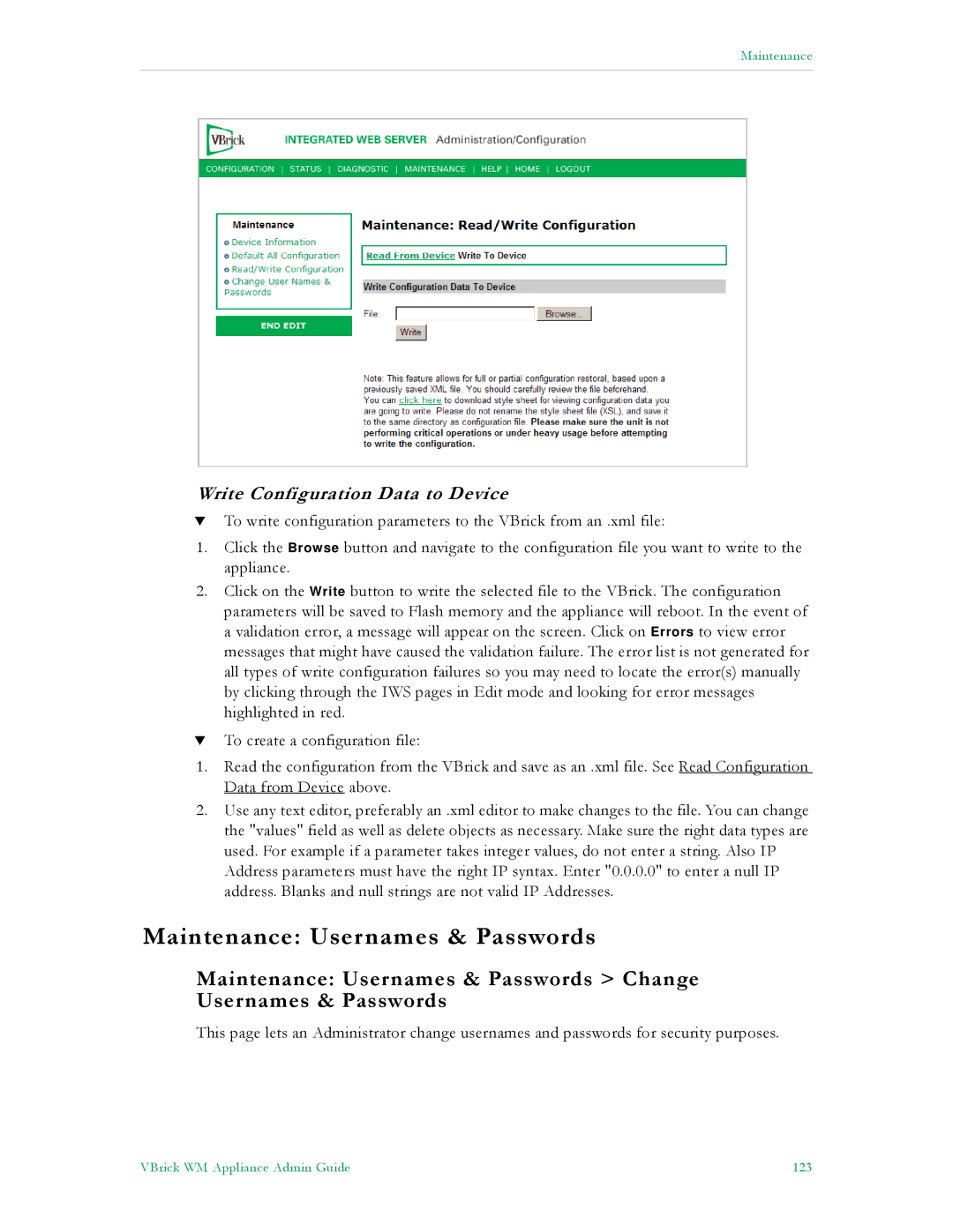 VBrick Systems VB4000, VB6000, VB5000 manual Maintenance Usernames & Passwords, Write Configuration Data to Device 