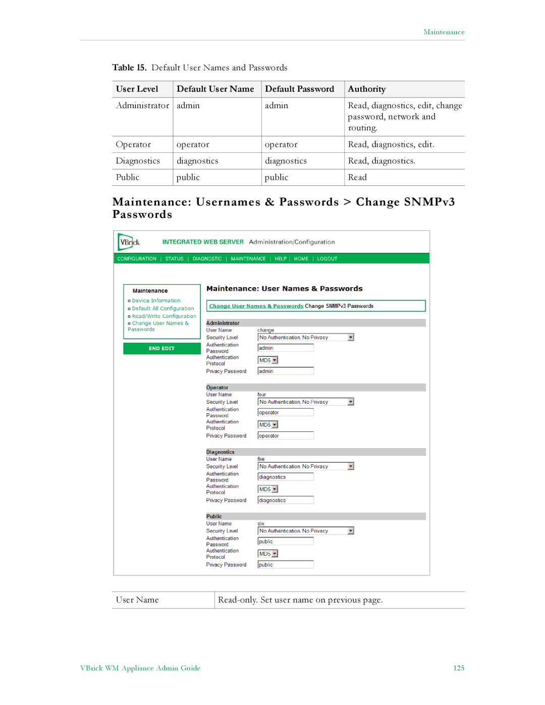 VBrick Systems VB6000, VB4000, VB5000 manual Maintenance Usernames & Passwords Change SNMPv3 Passwords 