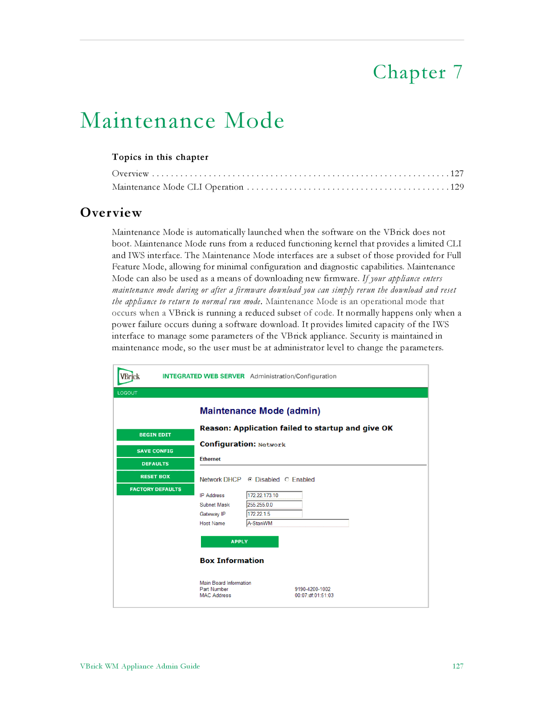 VBrick Systems VB5000, VB6000, VB4000 manual Maintenance Mode 