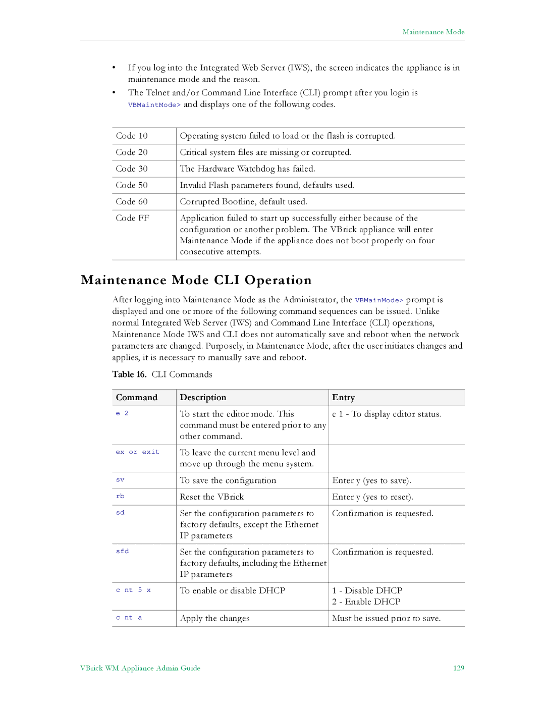 VBrick Systems VB4000, VB6000, VB5000 manual Maintenance Mode CLI Operation, Command Description Entry 