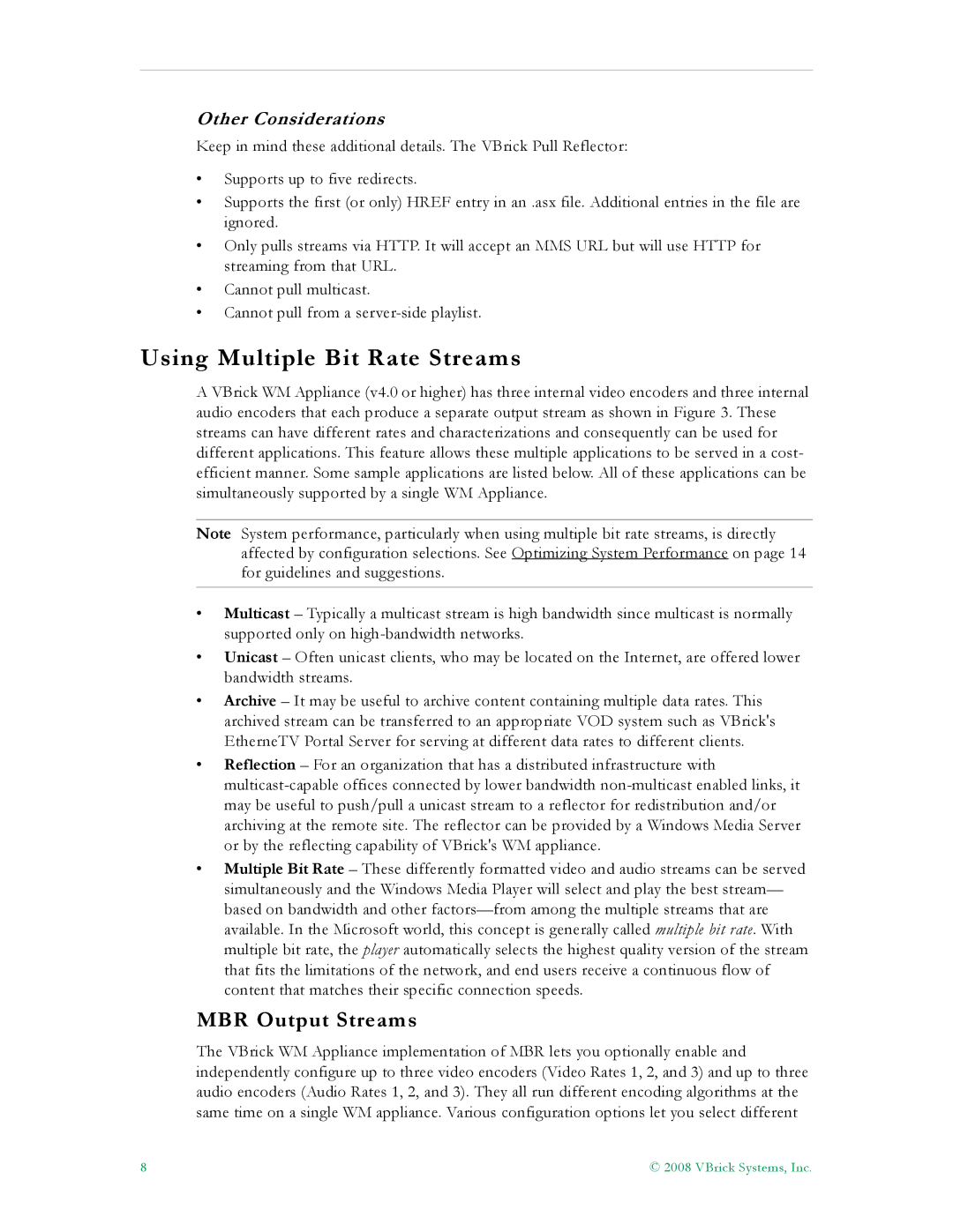 VBrick Systems VB6000, VB4000, VB5000 manual Using Multiple Bit Rate Streams, MBR Output Streams, Other Considerations 