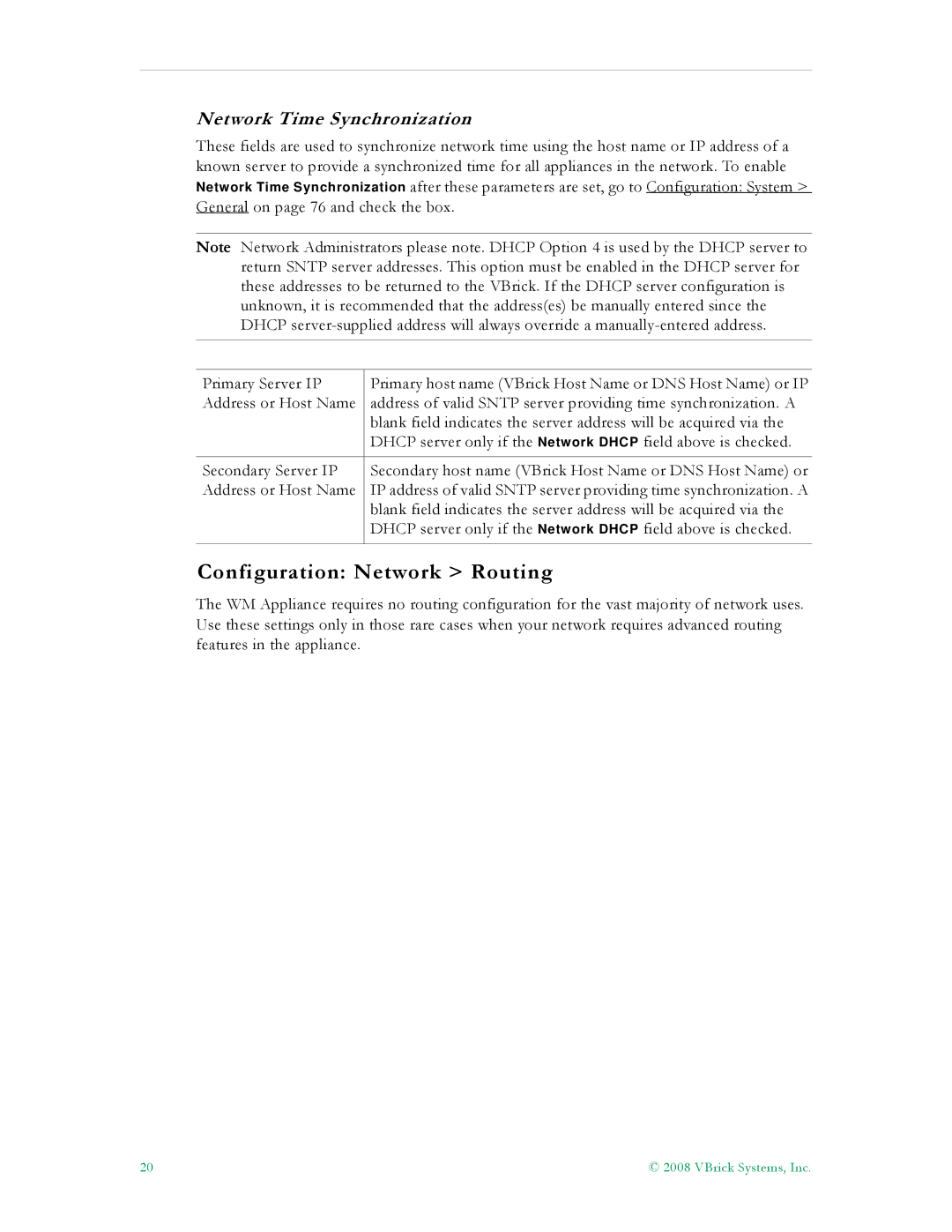 VBrick Systems VB6000, VB4000, VB5000 manual Configuration Network Routing, Network Time Synchronization 