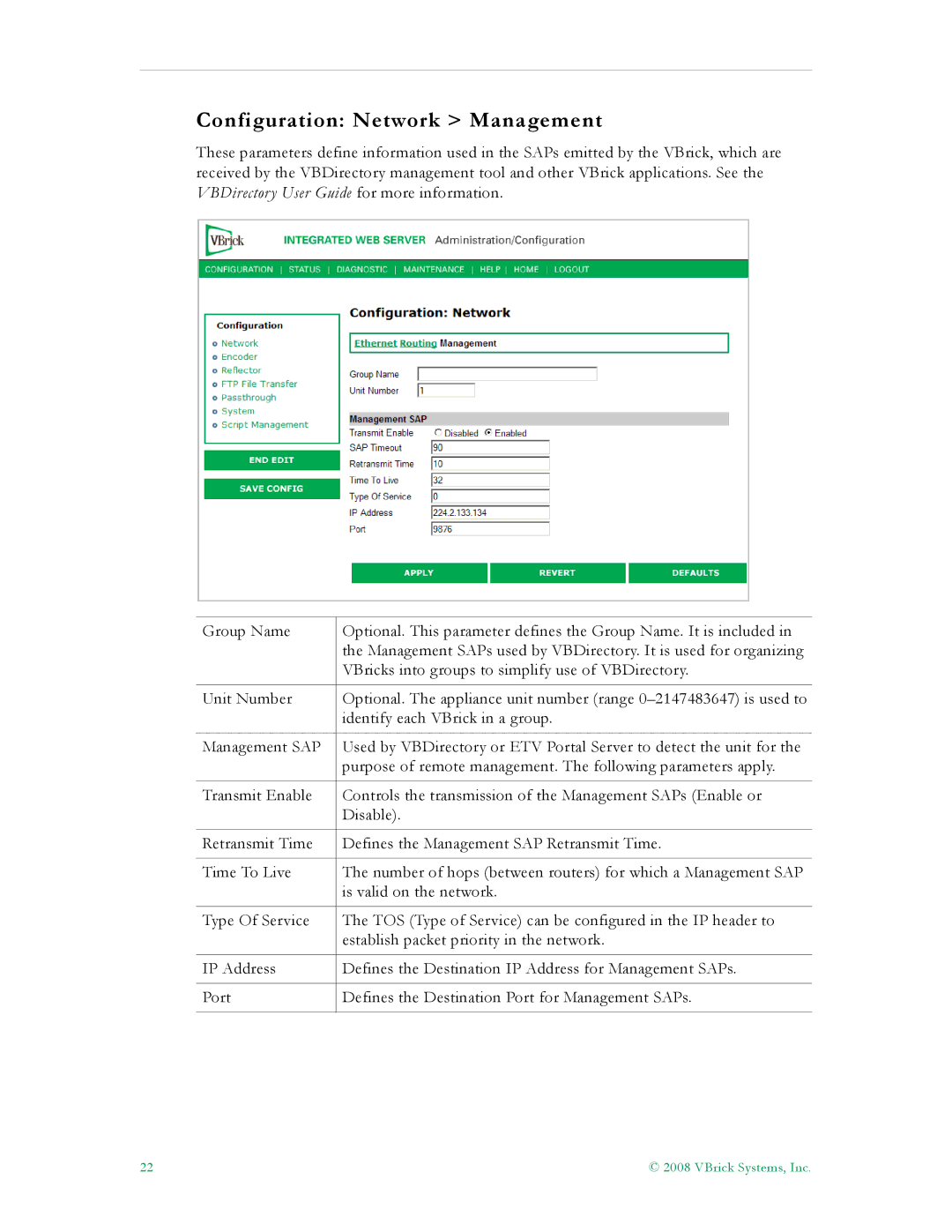 VBrick Systems VB5000, VB6000, VB4000 manual Configuration Network Management 