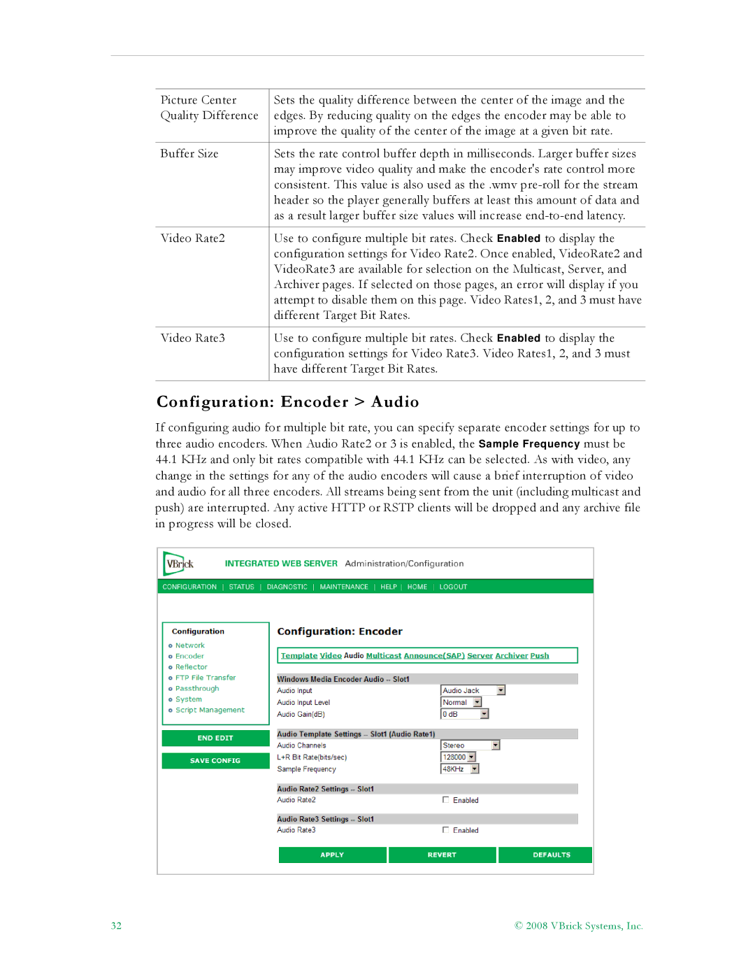 VBrick Systems VB6000, VB4000, VB5000 manual Configuration Encoder Audio 