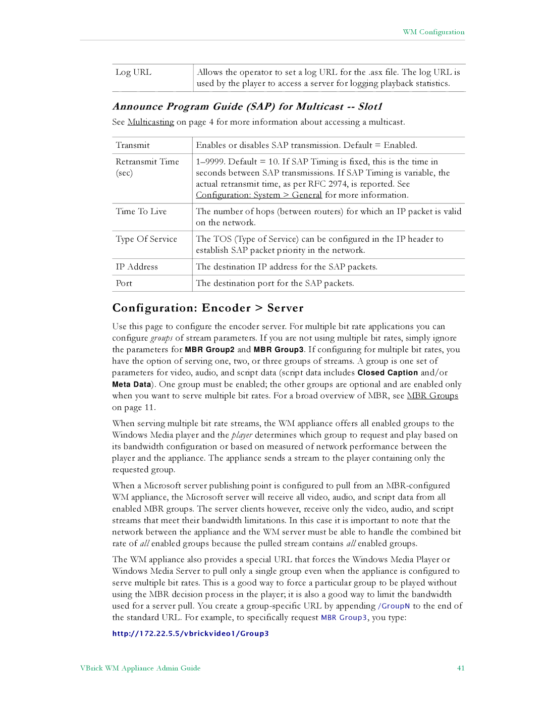 VBrick Systems VB6000, VB4000, VB5000 manual Configuration Encoder Server, Announce Program Guide SAP for Multicast -- Slot1 