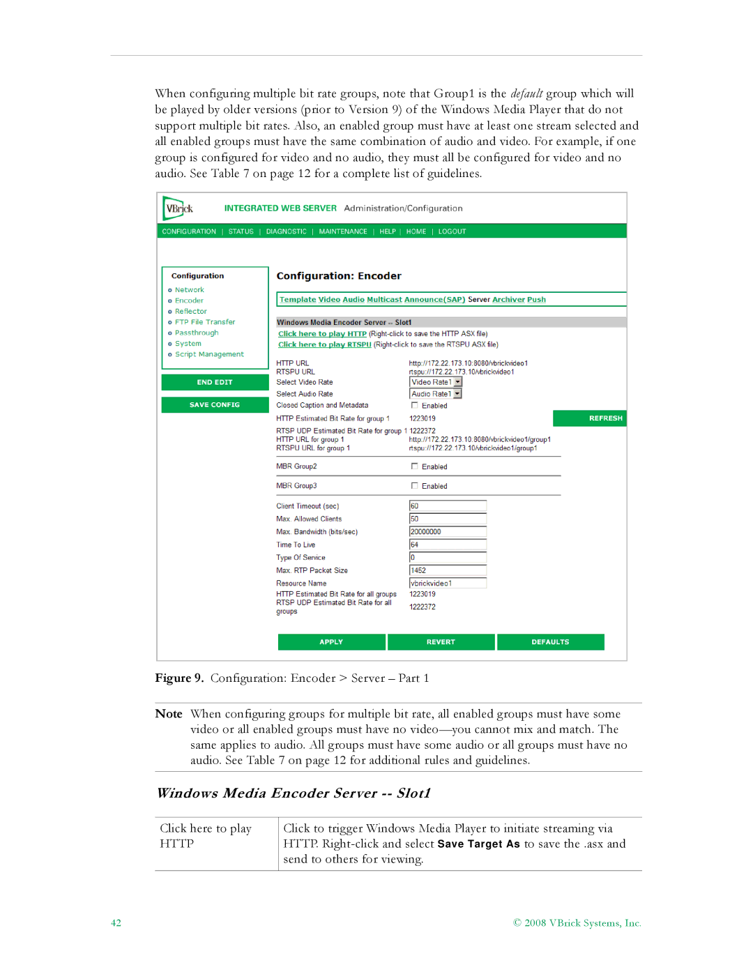 VBrick Systems VB4000, VB6000, VB5000 manual Windows Media Encoder Server -- Slot1, Http 