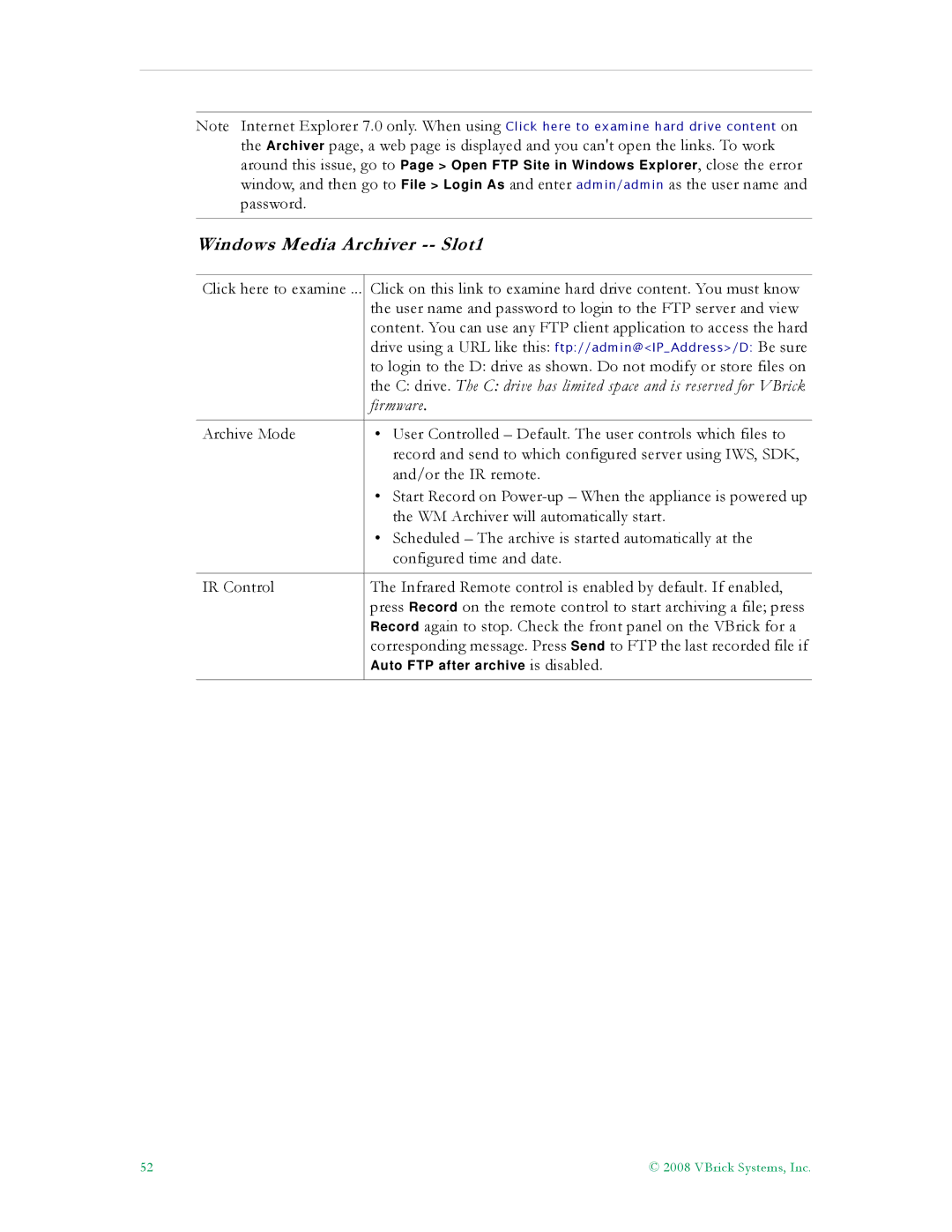 VBrick Systems VB5000, VB6000, VB4000 manual Windows Media Archiver -- Slot1, Firmware 