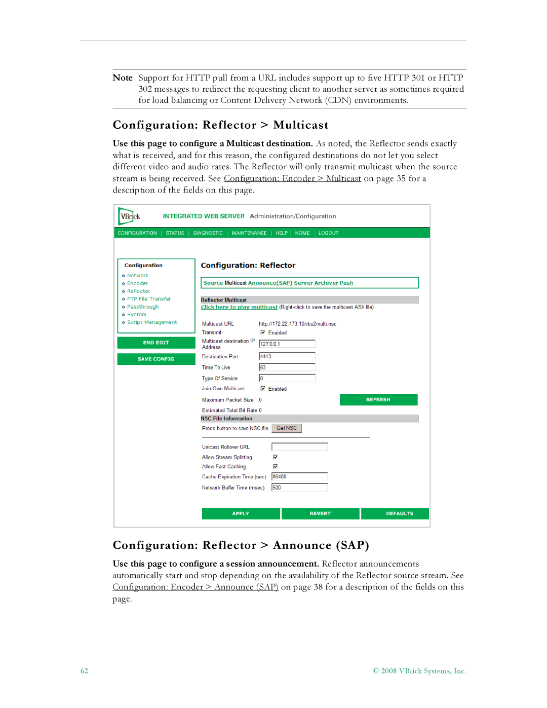 VBrick Systems VB6000, VB4000, VB5000 manual Configuration Reflector Multicast, Configuration Reflector Announce SAP 