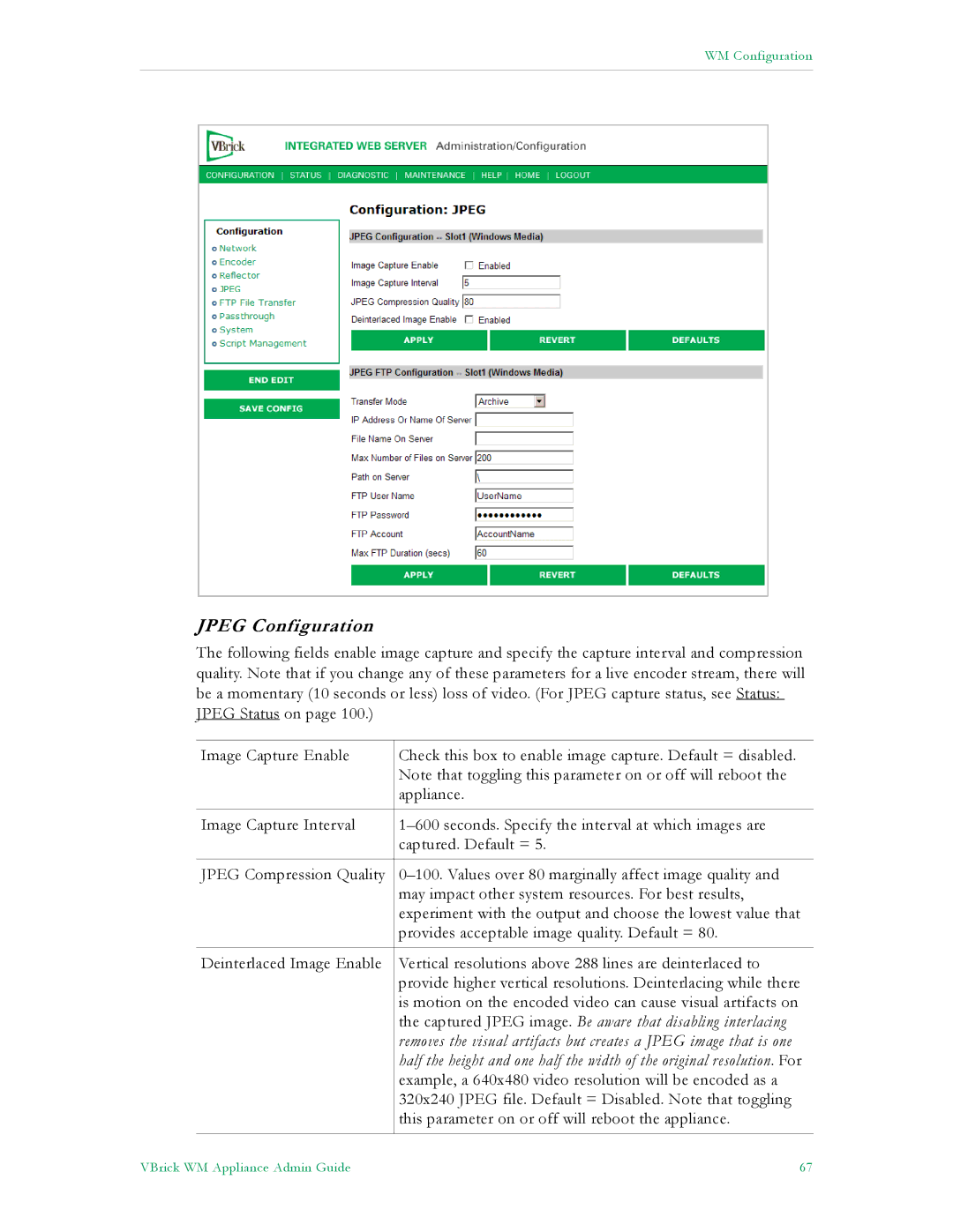 VBrick Systems VB5000, VB6000, VB4000 manual Jpeg Configuration 