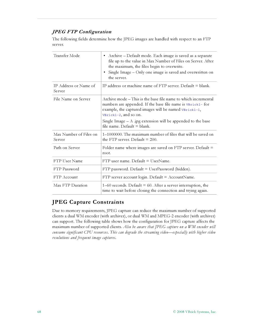 VBrick Systems VB6000, VB4000, VB5000 manual Jpeg Capture Constraints, Jpeg FTP Configuration 