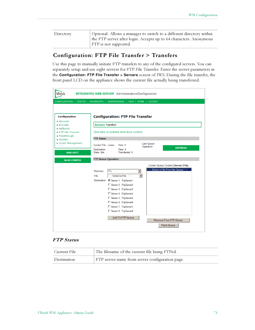 VBrick Systems VB6000, VB4000, VB5000 manual Configuration FTP File Transfer Transfers, FTP Status 