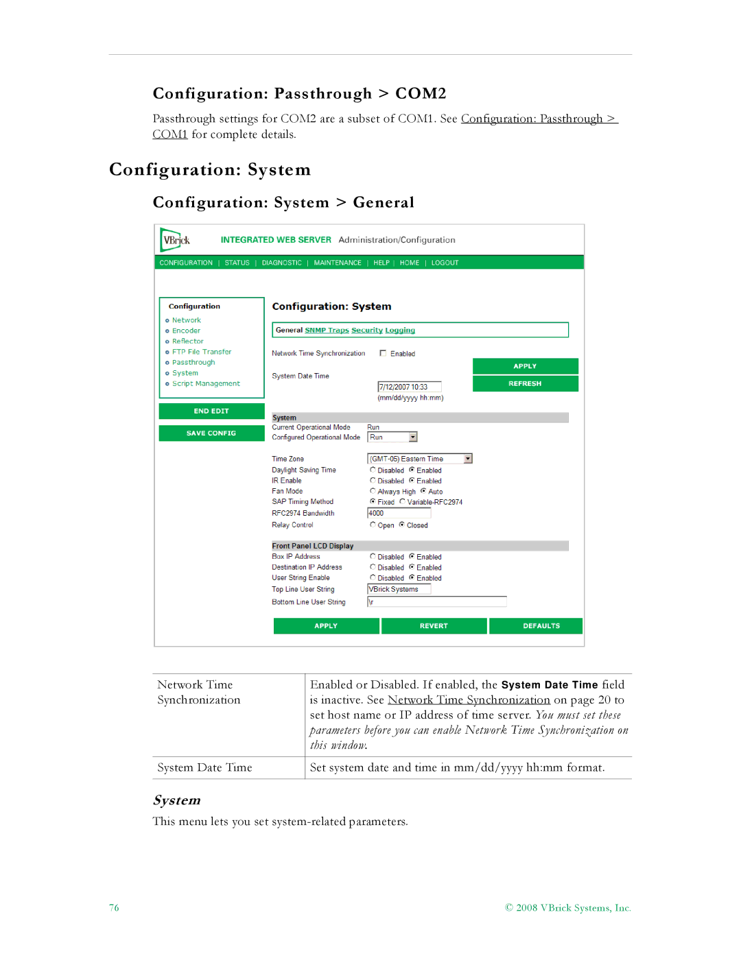 VBrick Systems VB5000, VB6000, VB4000 manual Configuration Passthrough COM2, Configuration System General 