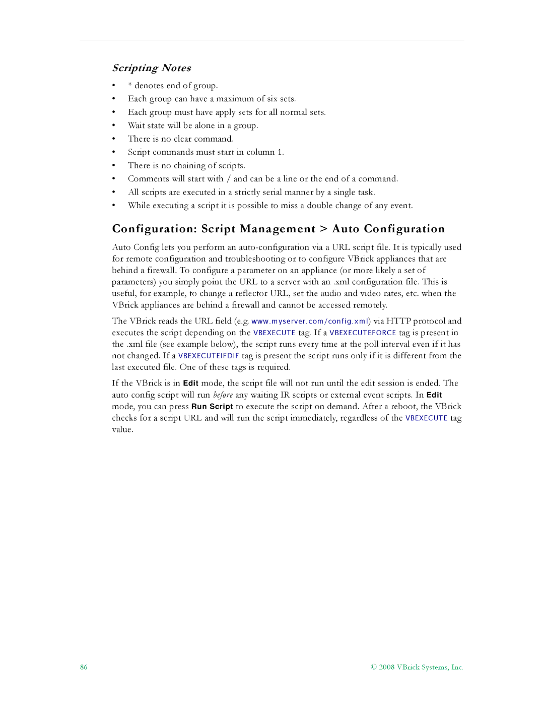 VBrick Systems VB6000, VB4000, VB5000 manual Configuration Script Management Auto Configuration, Scripting Notes 