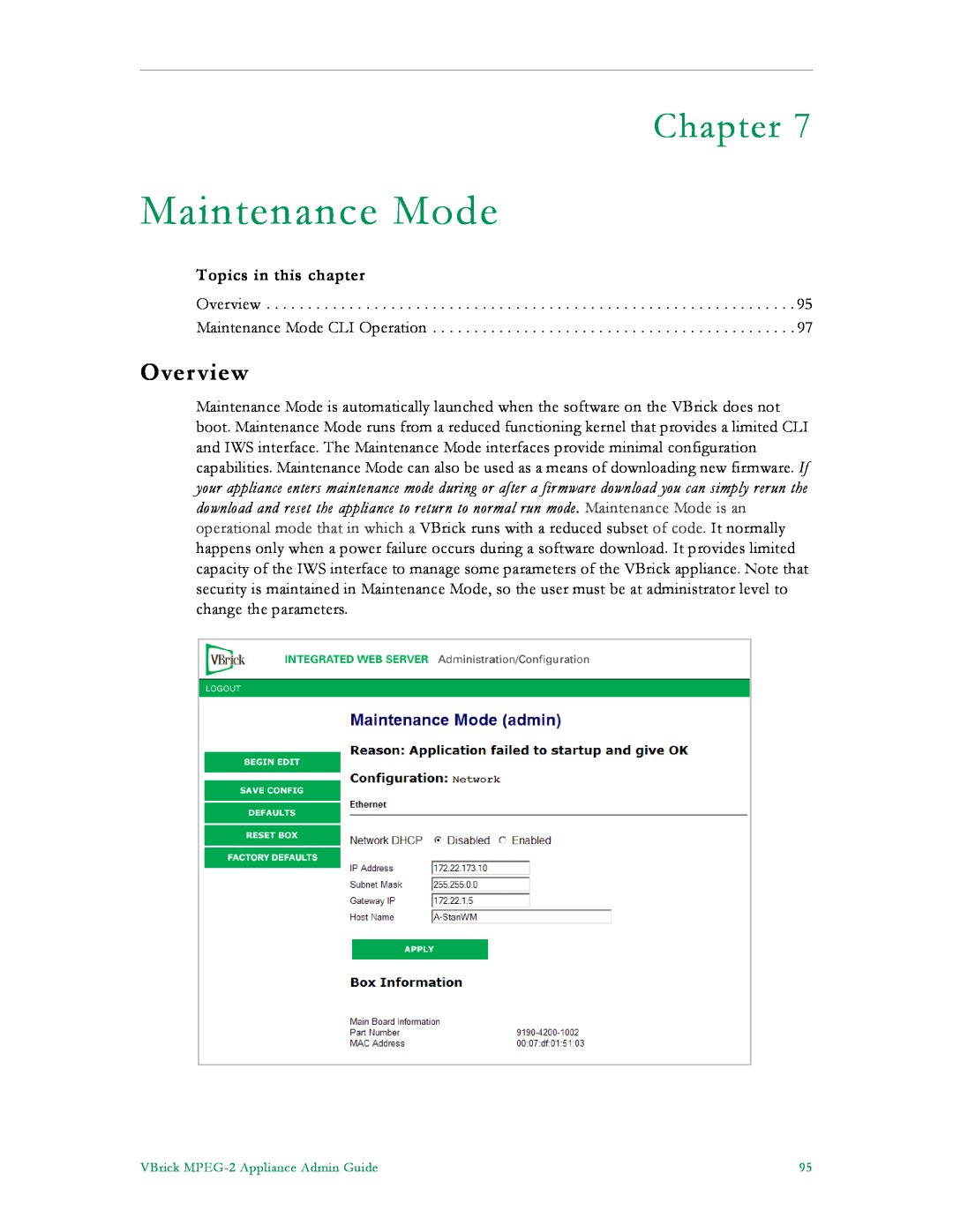 VBrick Systems VB4000, VB6000, VB5000 manual Maintenance Mode, Chapter, Overview, Topics in this chapter 