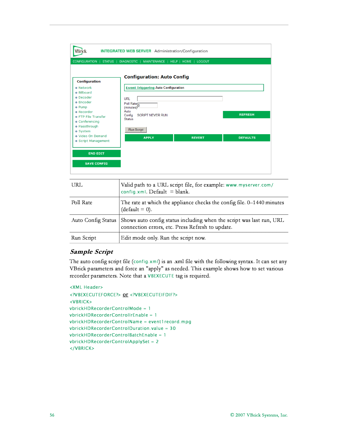 VBrick Systems VB4000, VB6000, VB5000 manual Sample Script, XML Header 