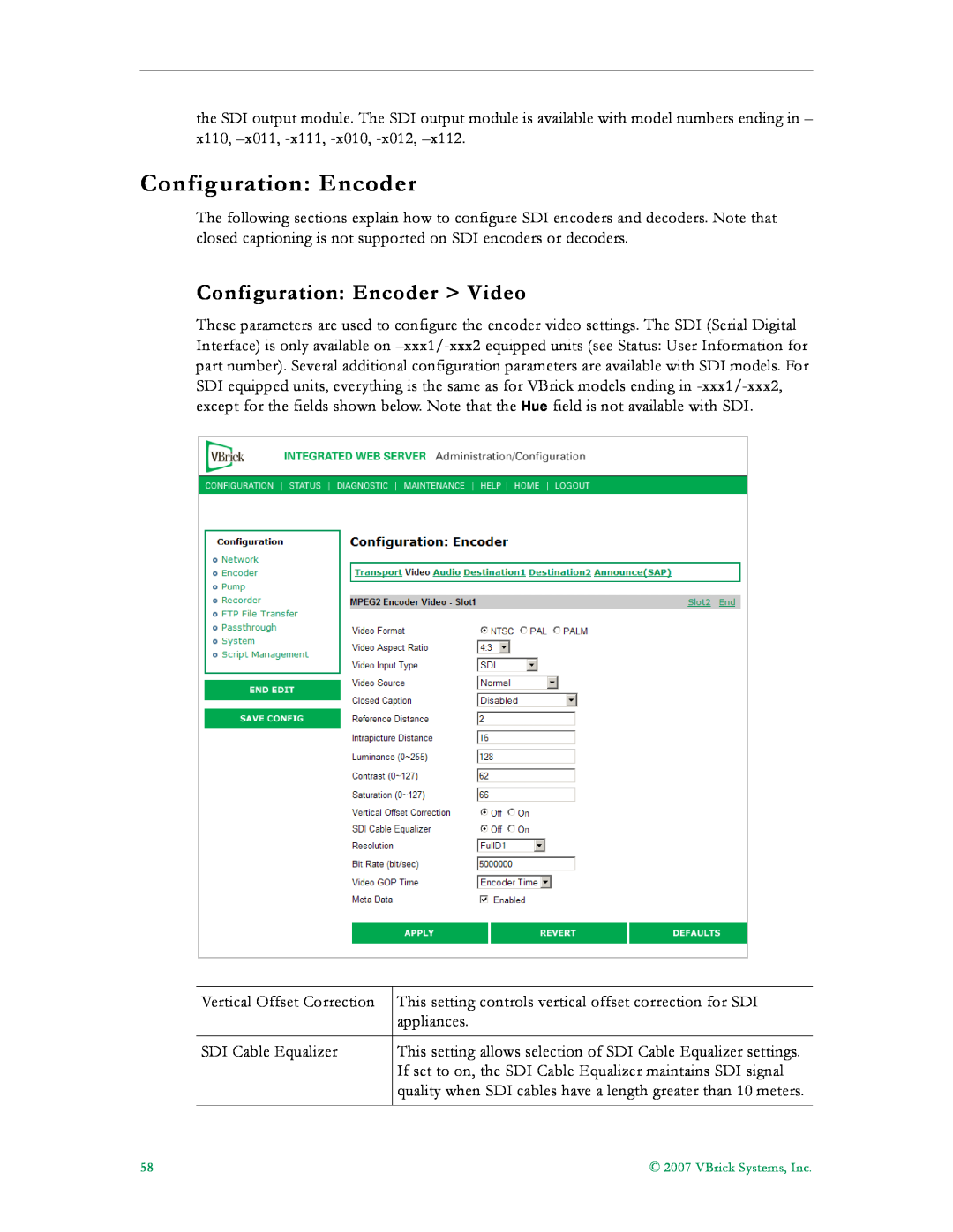 VBrick Systems VB6000, VB4000, VB5000 manual Configuration Encoder Video, Vertical Offset Correction 