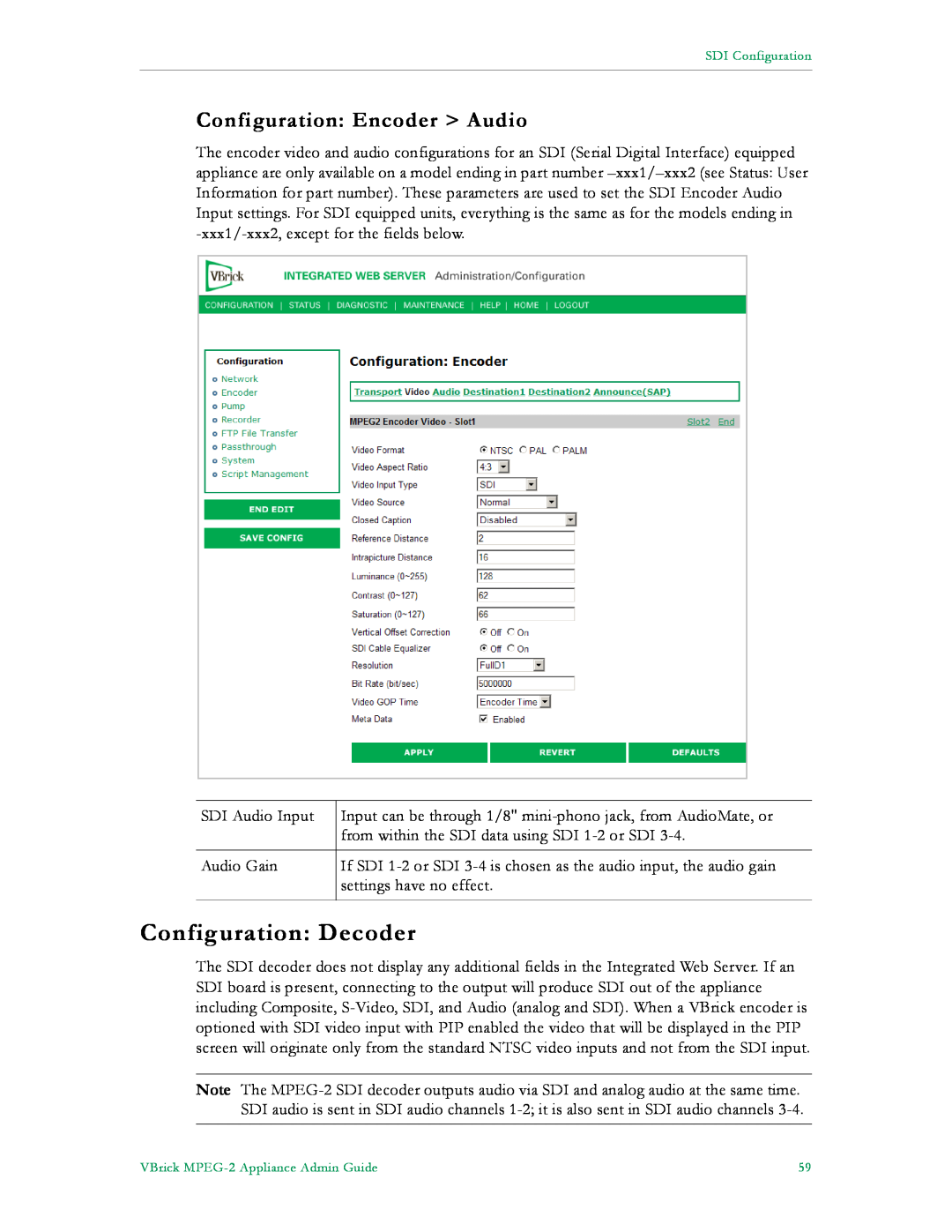 VBrick Systems VB4000, VB6000, VB5000 manual Configuration Decoder, Configuration Encoder Audio, SDI Audio Input 