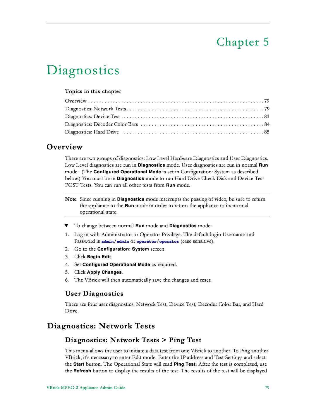 VBrick Systems VB6000, VB4000, VB5000 manual User Diagnostics, Diagnostics Network Tests Ping Test, Chapter, Overview 