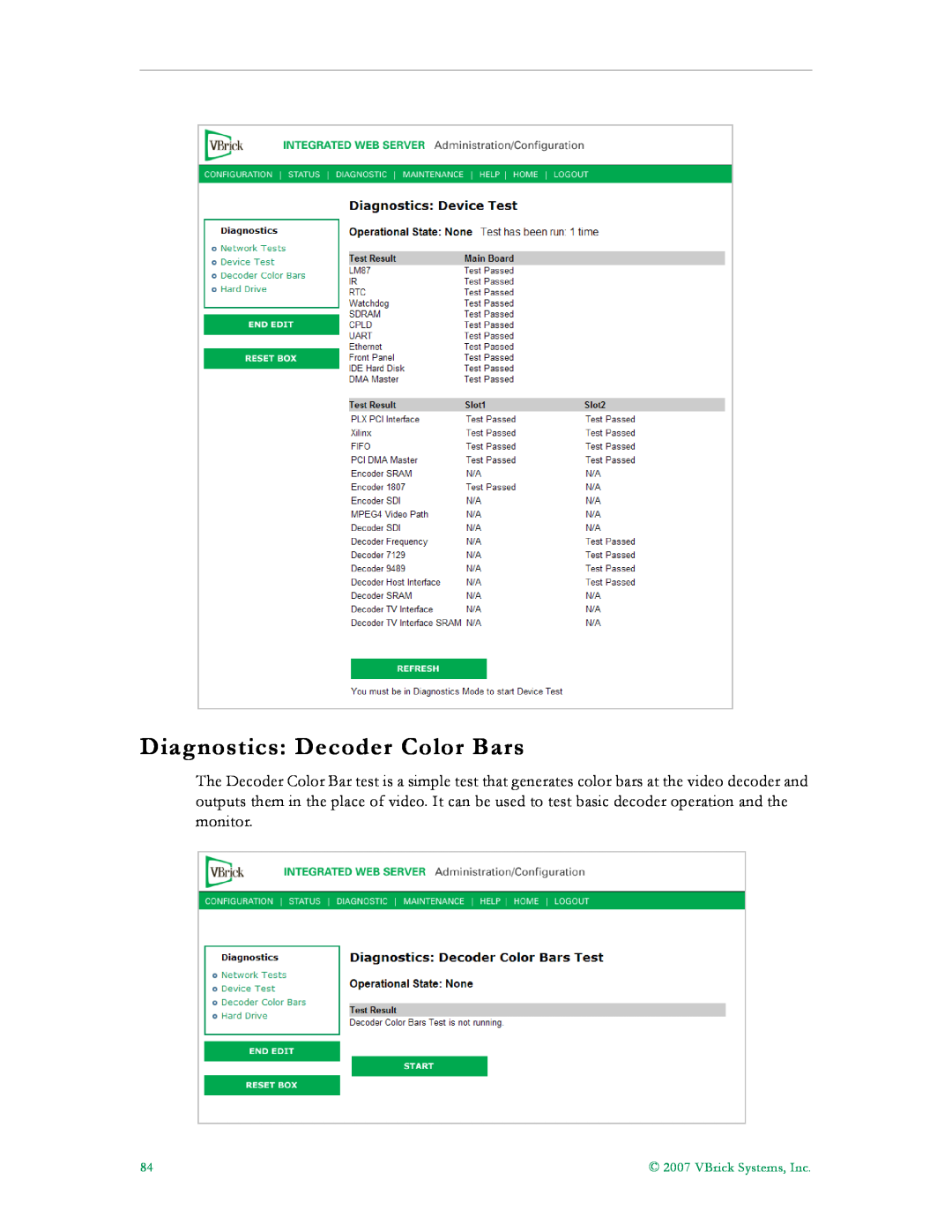 VBrick Systems VB5000, VB6000, VB4000 manual Diagnostics Decoder Color Bars, VBrick Systems, Inc 