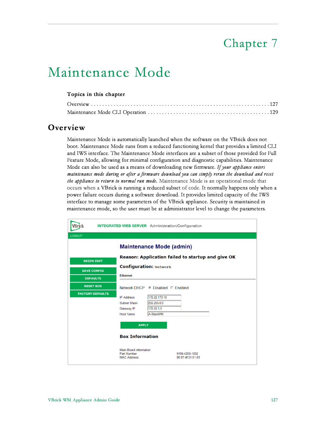 VBrick Systems VB5000, VB6000, VB4000 manual Maintenance Mode, Chapter, Overview, Topics in this chapter 