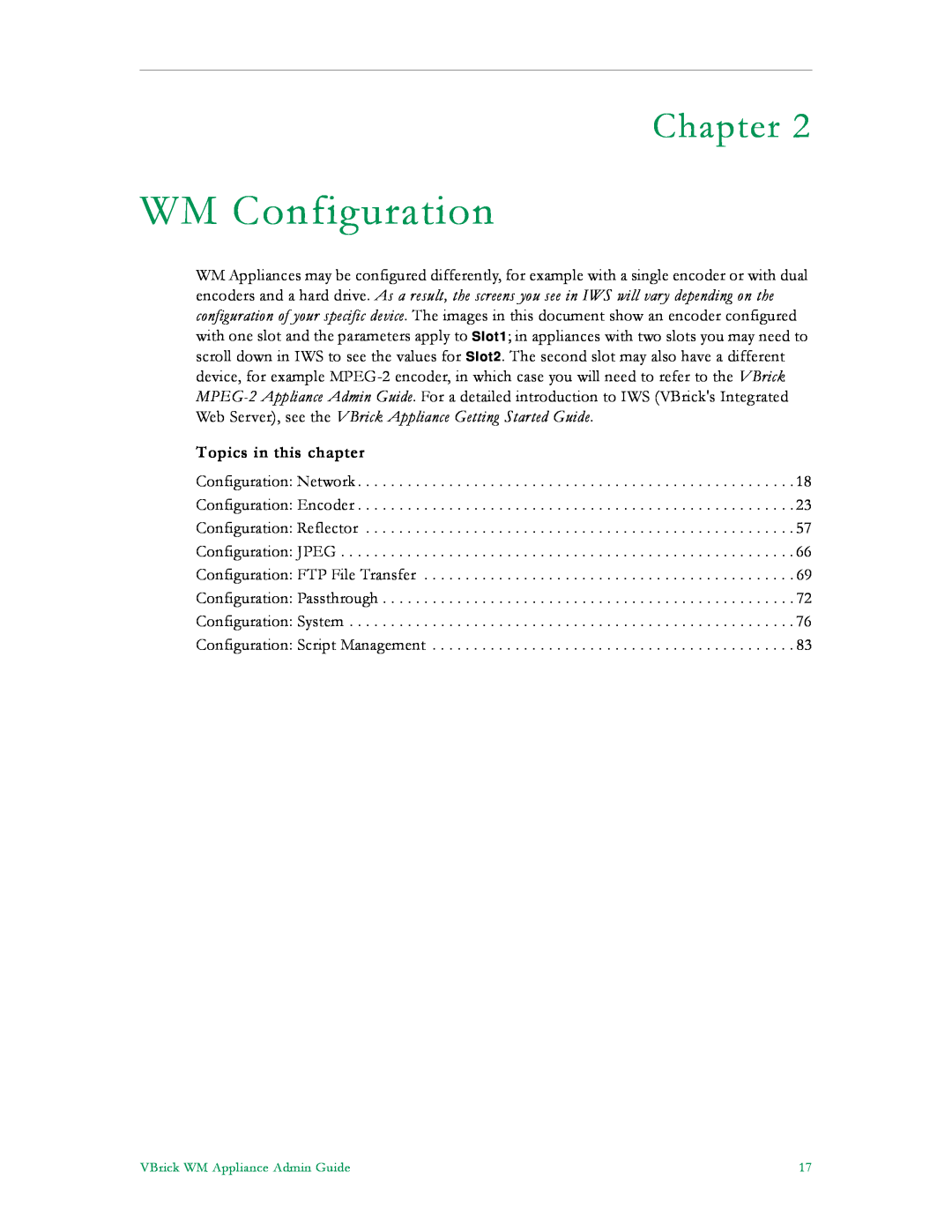 VBrick Systems VB6000, VB4000, VB5000 manual WM Configuration, Chapter, Topics in this chapter 
