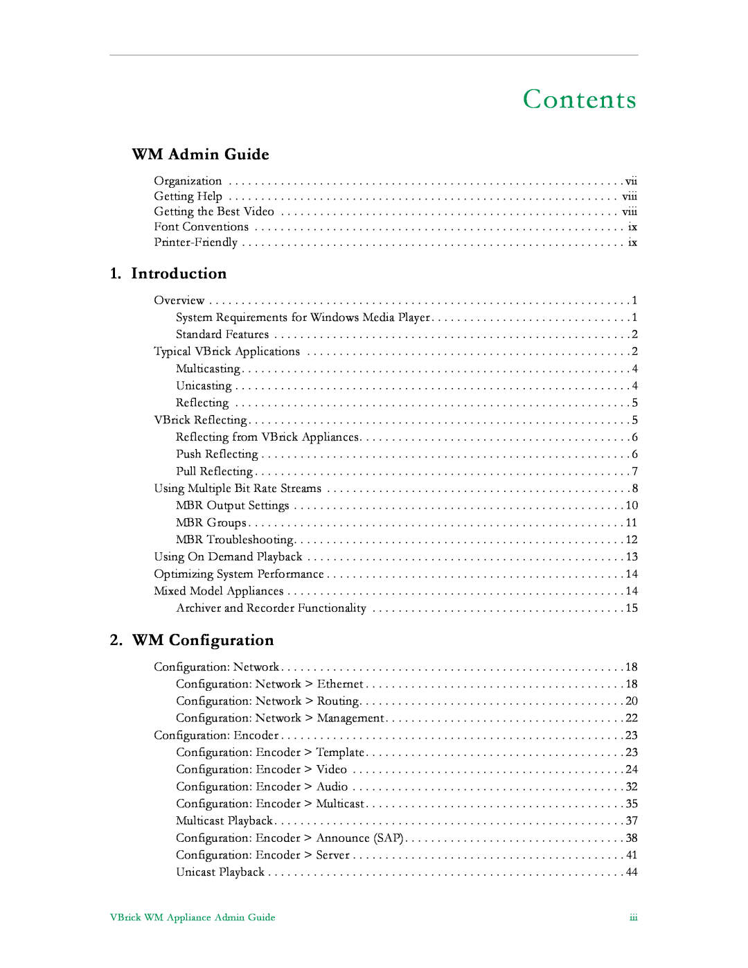 VBrick Systems VB6000, VB4000, VB5000 manual Contents, WM Admin Guide, Introduction, WM Configuration 