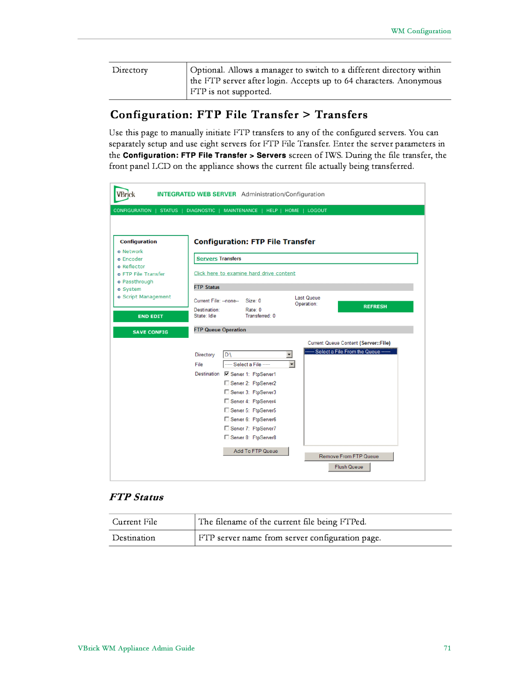 VBrick Systems VB6000, VB4000, VB5000 manual Configuration FTP File Transfer Transfers, FTP Status 