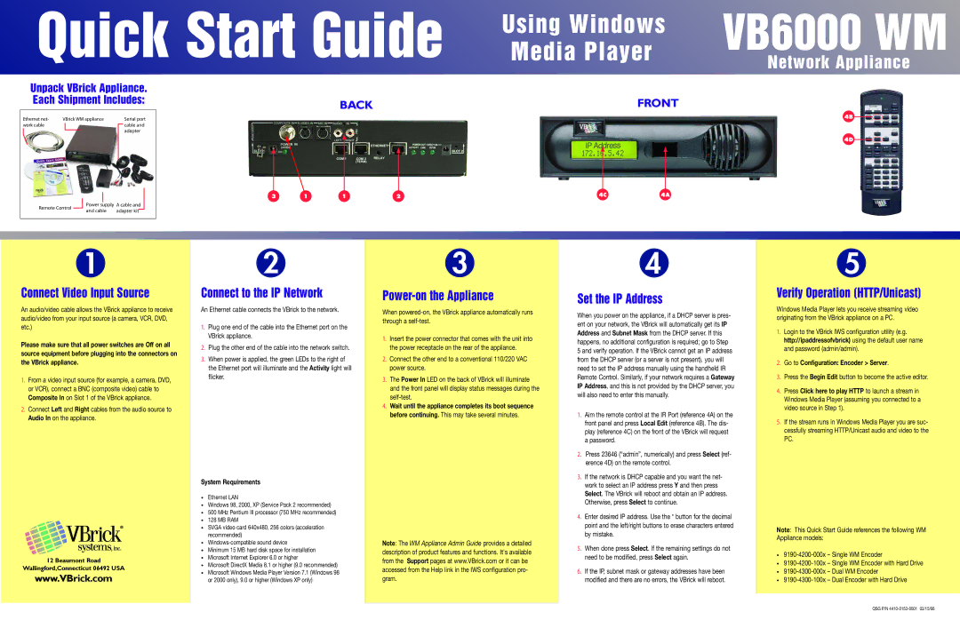 VBrick Systems VB6000 WM quick start Connect Video Input Source, Connect to the IP Network 