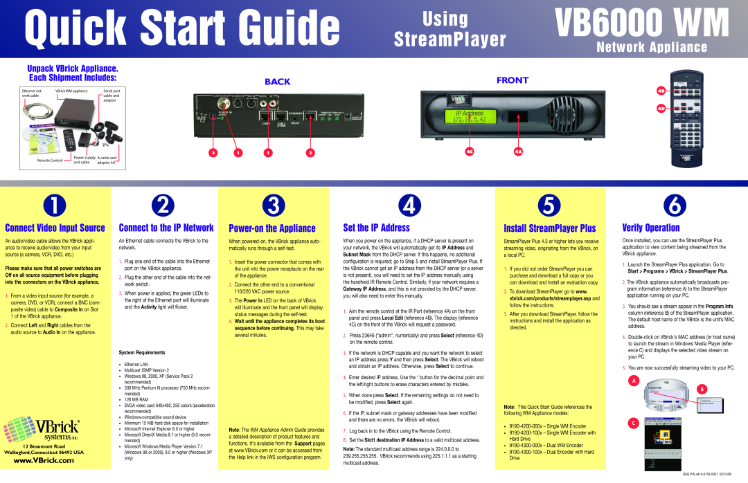 VBrick Systems VB6000 WM quick start Power-on the Appliance, Set the IP Address, Install StreamPlayer Plus, Back, Front 