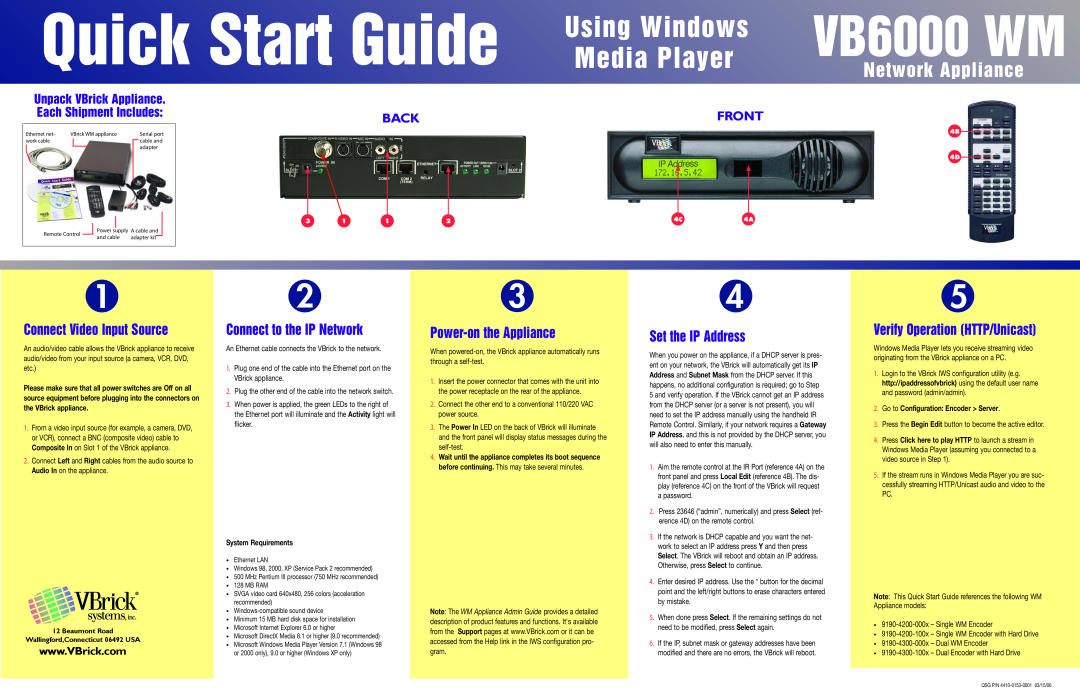 VBrick Systems VB6000 WM Connect Video Input Source, Connect to the IP Network, Go to Configuration Encoder Server, Back 