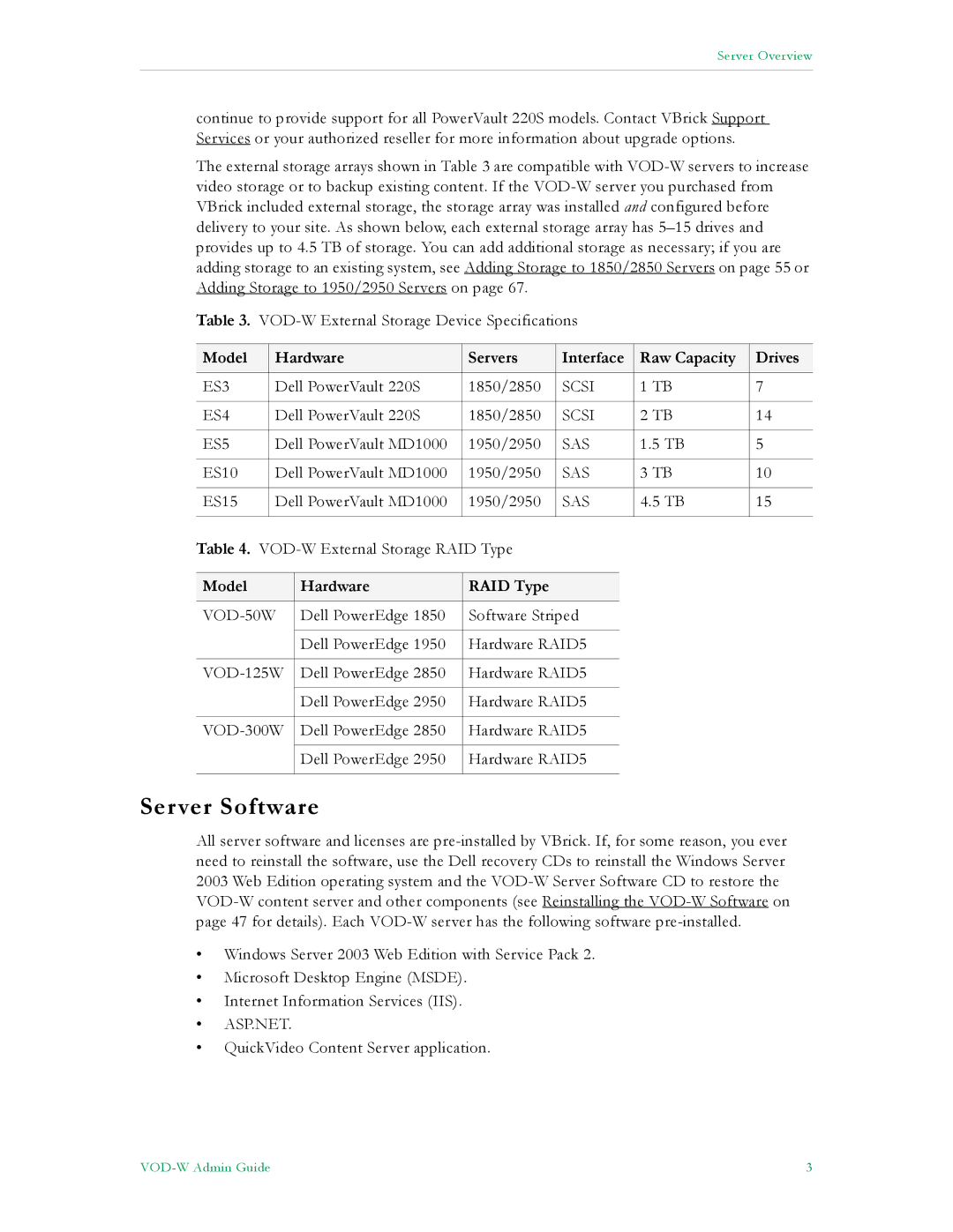 VBrick Systems VBrick v4.2.3 manual Server Software, Model Hardware Servers Interface Raw Capacity Drives 