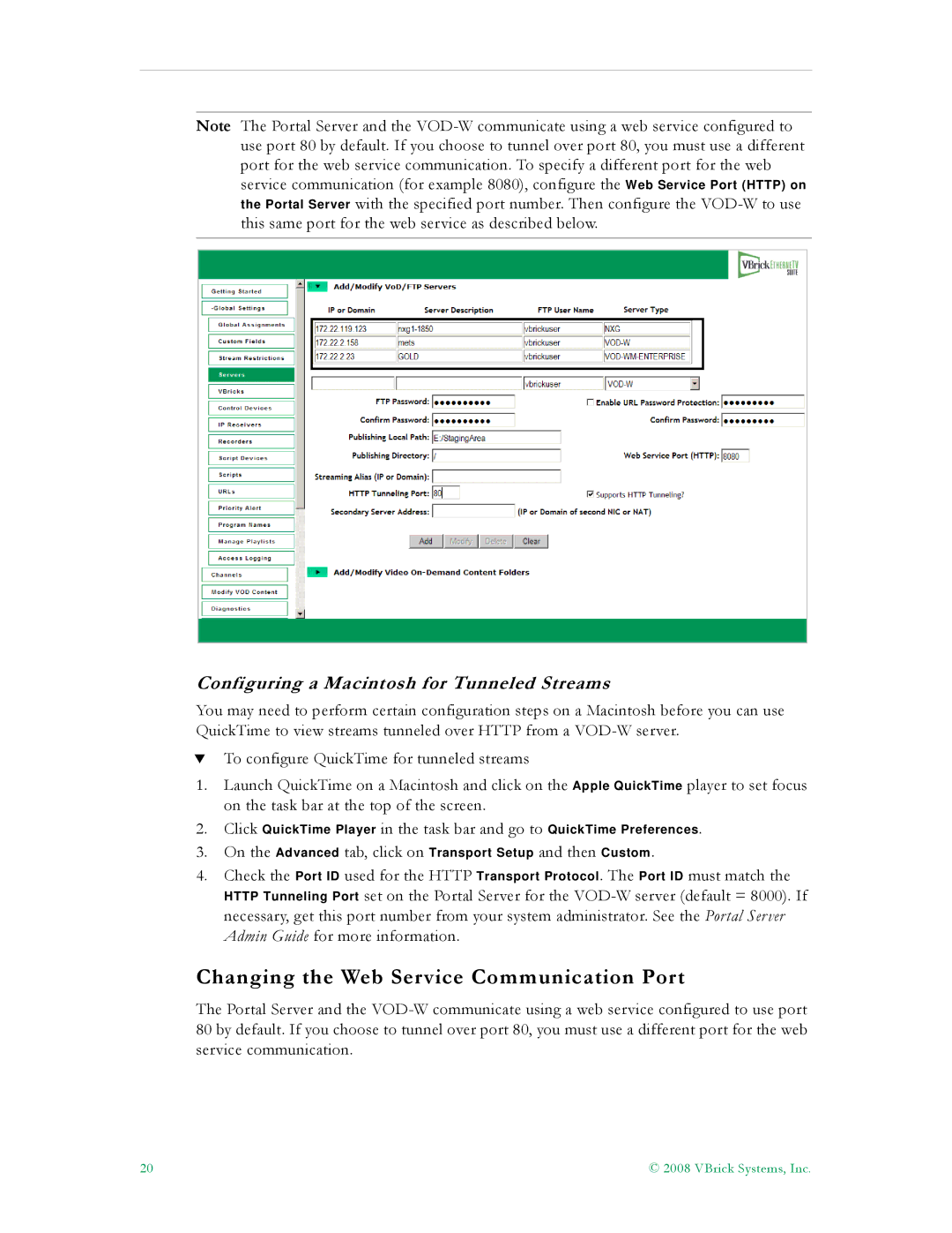 VBrick Systems VBrick v4.2.3 Changing the Web Service Communication Port, Configuring a Macintosh for Tunneled Streams 