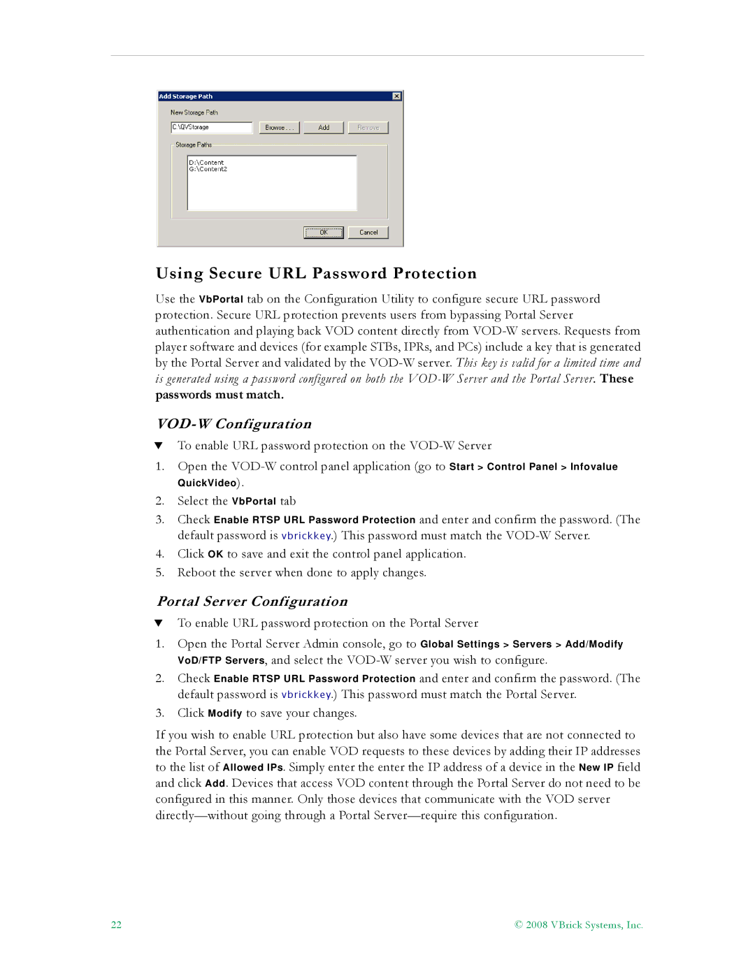 VBrick Systems VBrick v4.2.3 manual Using Secure URL Password Protection, VOD-W Configuration 