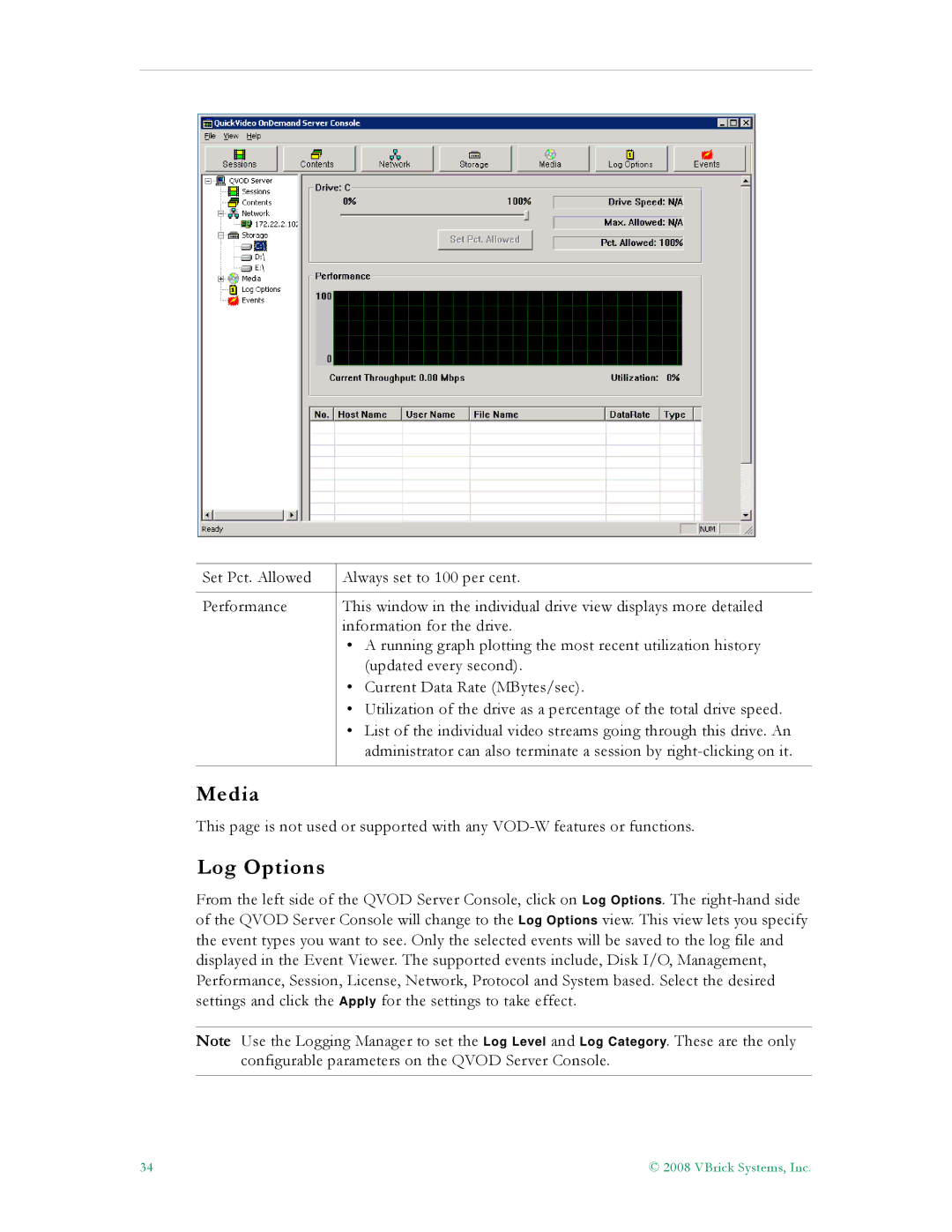 VBrick Systems VBrick v4.2.3 manual Media, Log Options 