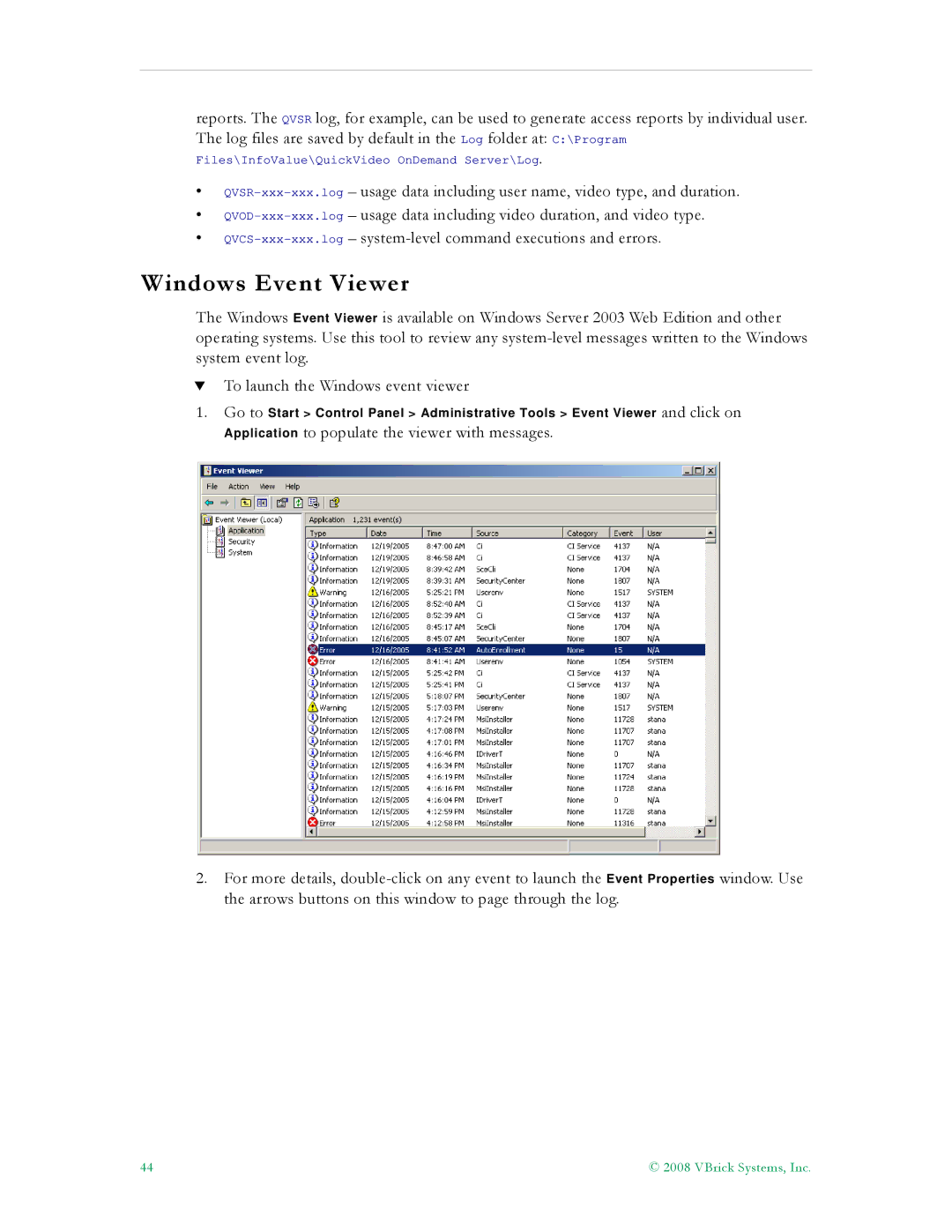 VBrick Systems VBrick v4.2.3 manual Windows Event Viewer 