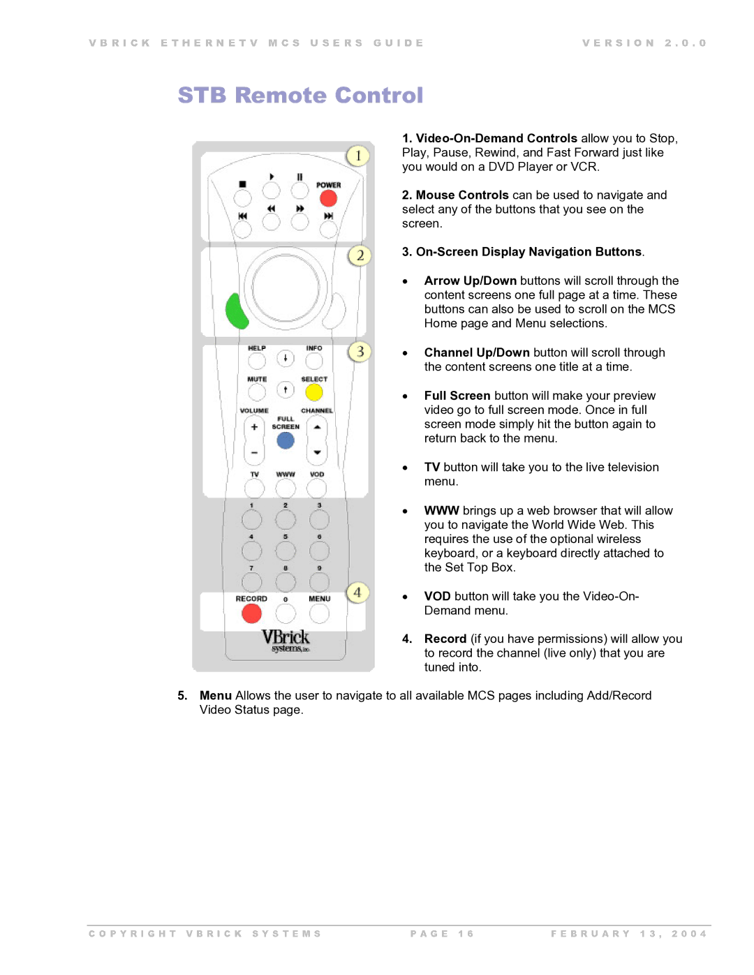 VBrick Systems Version 2.0.0 manual STB Remote Control, On-Screen Display Navigation Buttons 