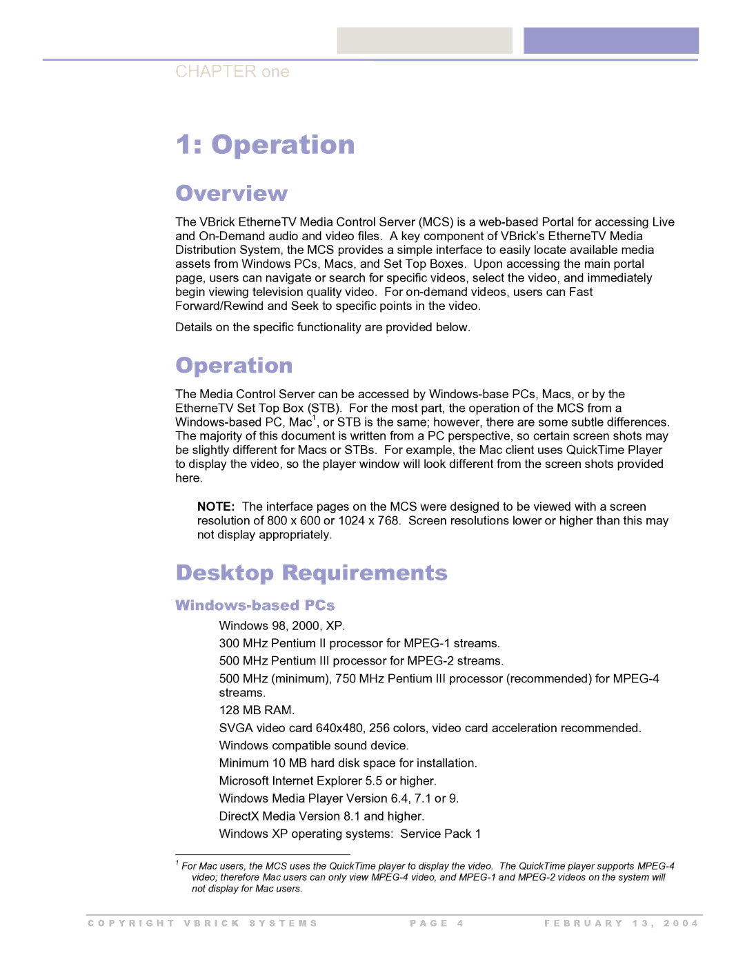 VBrick Systems Version 2.0.0 manual Overview, Operation, Desktop Requirements 