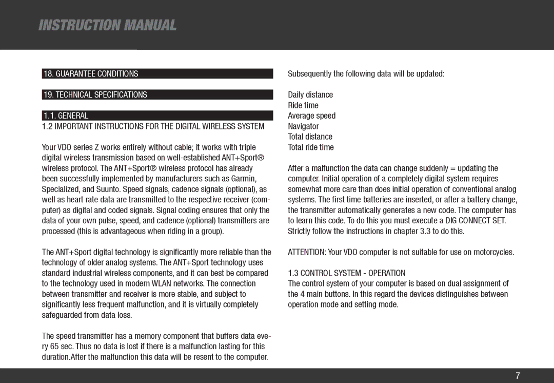 VDO Cyclecomputing Z3 PC-LINK manual Guarantee Conditions Technical Specifications General, Control System Operation 