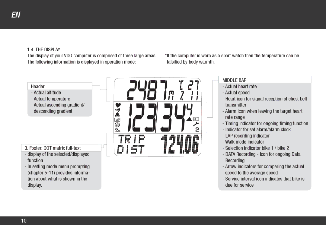 VDO Cyclecomputing Z3 PC-LINK manual Display, Middle BAR 